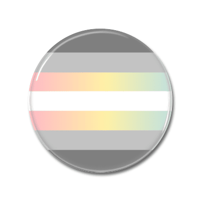 Bunter Badge mit modernen Streifen in Pastellfarben. Runder Button mit mehreren horizontalen Streifen in sanften Farben, darunter Grau, Rosa, Gelb, Weiß und Mint.