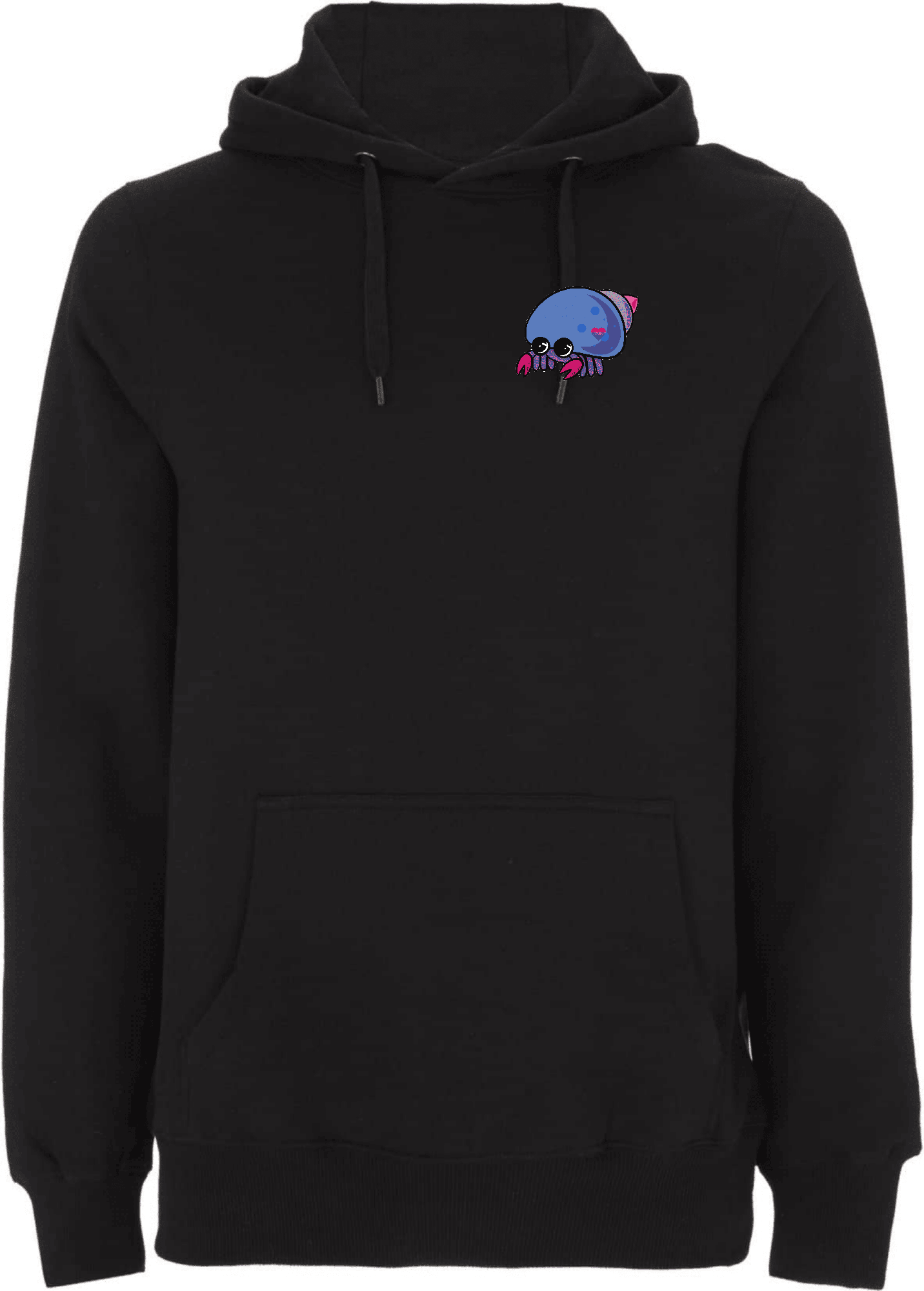Stylischer schwarzer Hoodie mit einem verspielten Oktopus-Motiv. Schwarzer Hoodie mit einem bunten, cartoonhaften Oktopus-Design auf der Vorderseite.