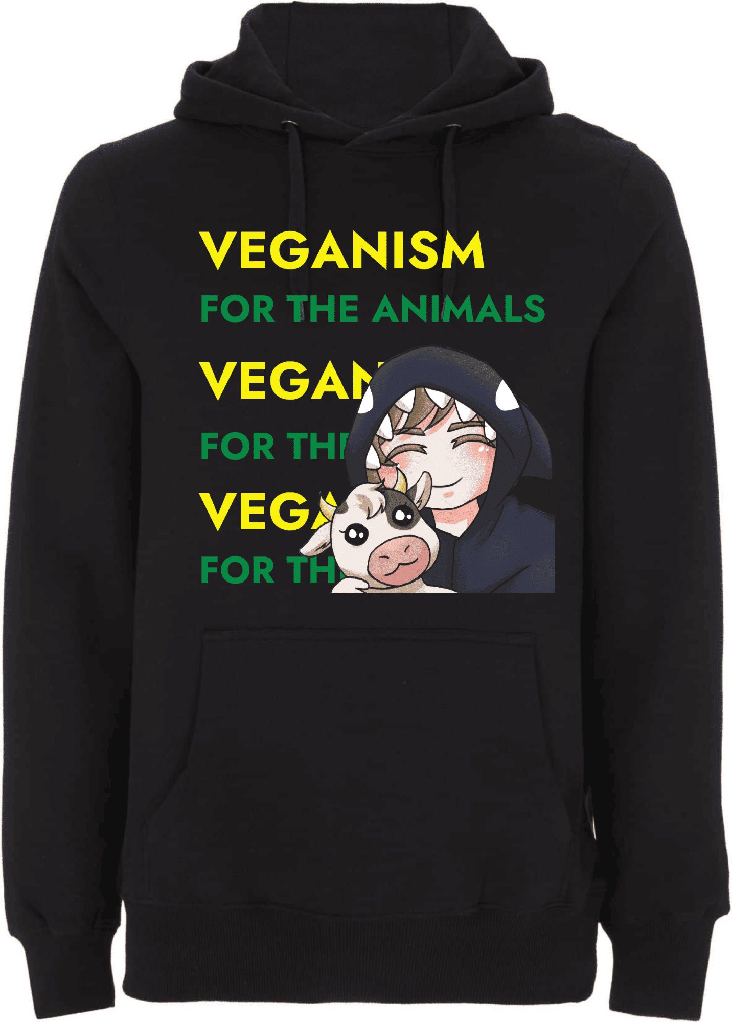 Hoodie mit veganem Motiv für Tierschutzbewusste. Schwarzer Hoodie mit dem Aufdruck "VEGANISM FOR THE ANIMALS" und einer cartoonhaften Figur, die ein Kalb hält.
