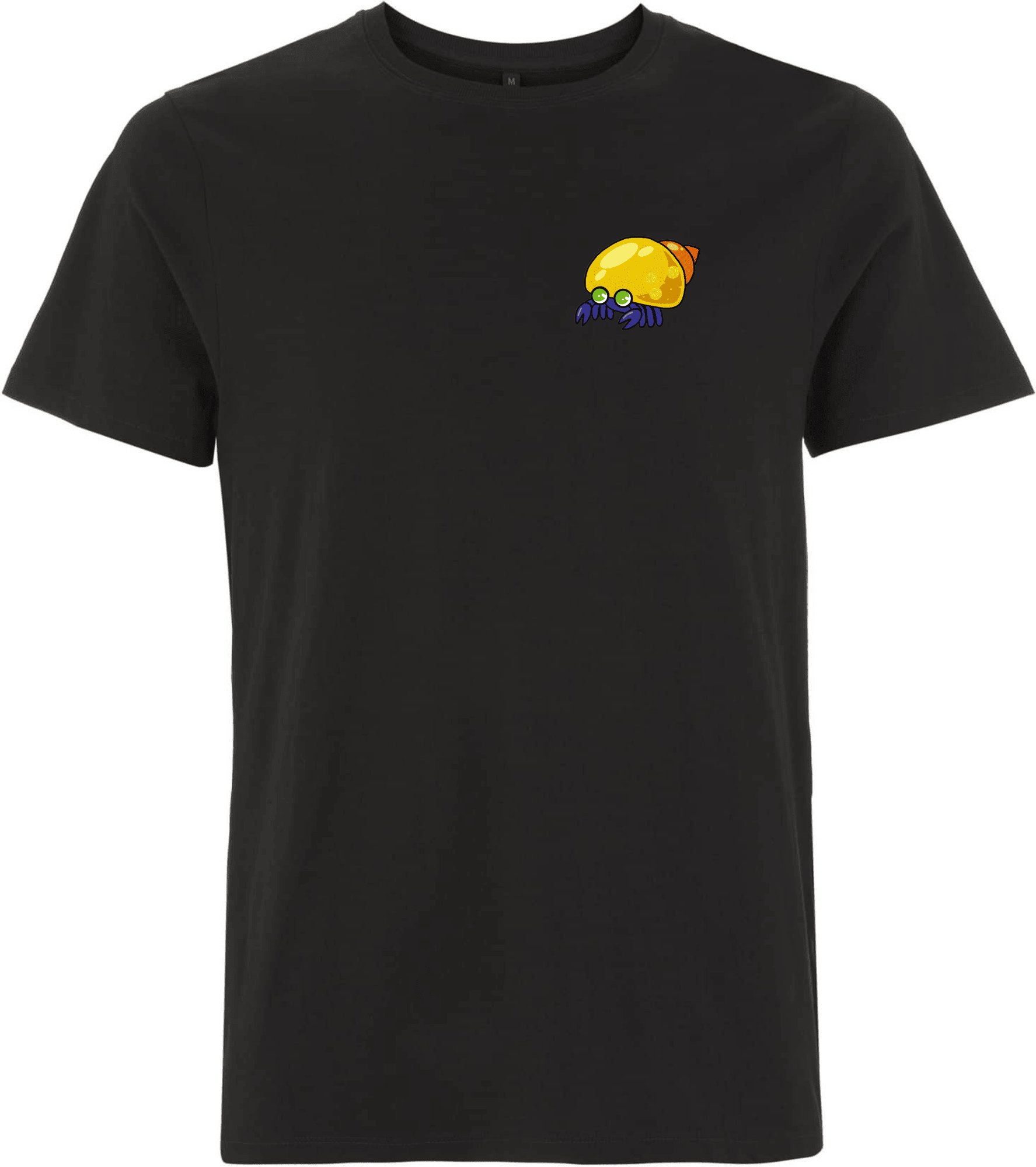 Buntes Cartoon-Krebstier auf schwarzem T-Shirt. Schwarzes T-Shirt mit buntem, cartoonhaftem Krebstier-Motiv auf der linken Brustseite.
