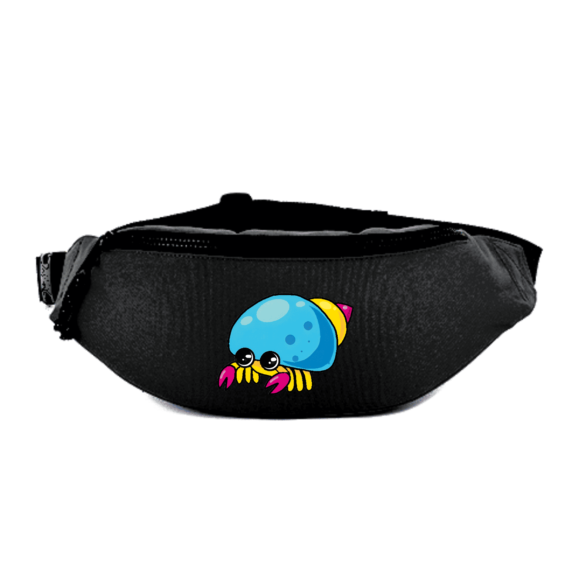 Bunte Bauchtasche mit kreativer Krebsillustration. Schwarze Bauchtasche mit buntem, cartoonhaftem Krebsdesign.