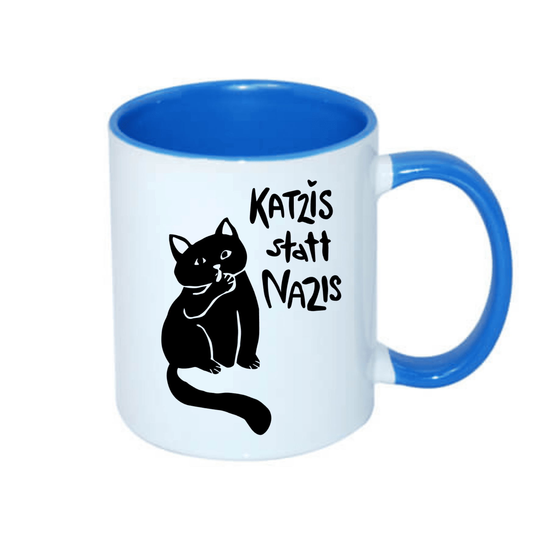 Tasse mit blauem Henkel und Innenseite, bedruckt mit einem schwarzen Kätzchen und dem Spruch "Katzis statt Nazis".