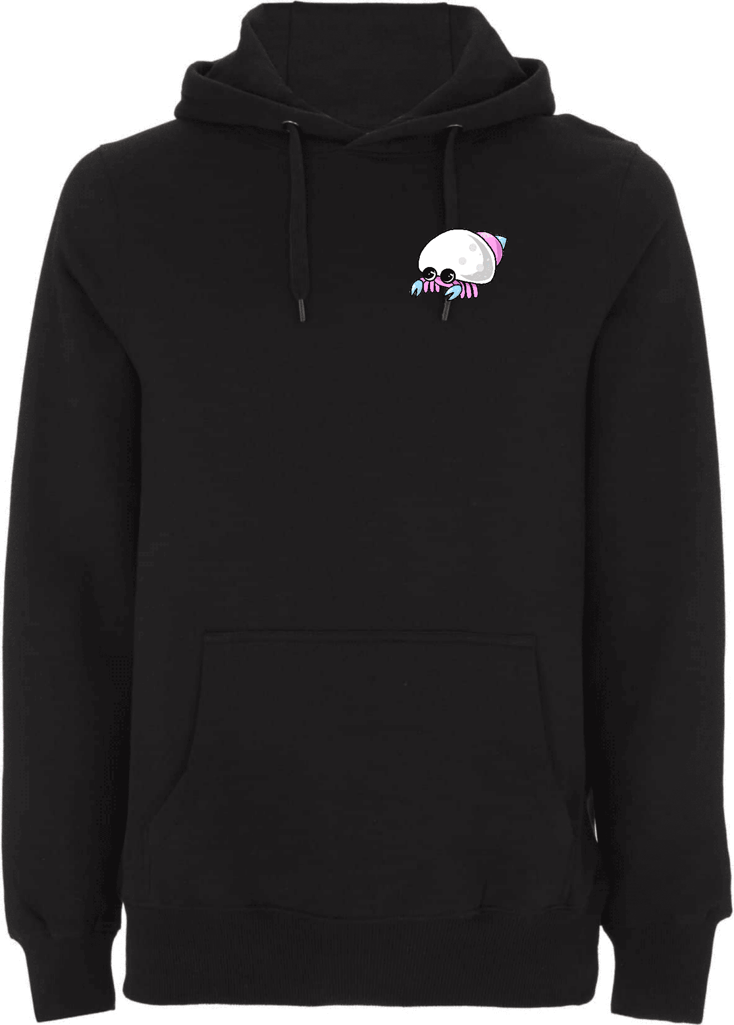 Hoodie mit buntem Tintenfisch-Logo auf der Vorderseite. Schwarzer Hoodie mit einem bunten, cartoonhaften Tintenfisch-Design auf der Brust.