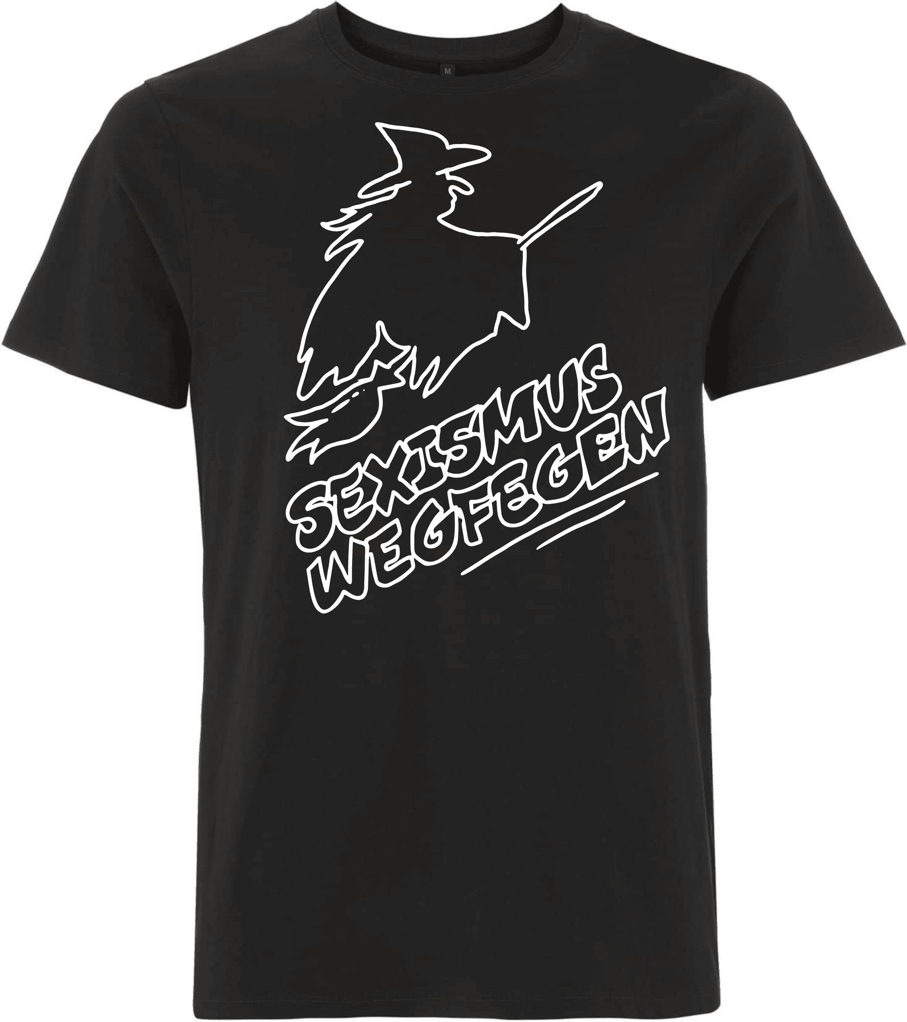 Motiv-T-Shirt mit feministischer Botschaft und hexenartigem Design. Schwarzes T-Shirt mit weißem Aufdruck einer Hexe und der Aufschrift "SEXISMUS WEGFEGEN".
