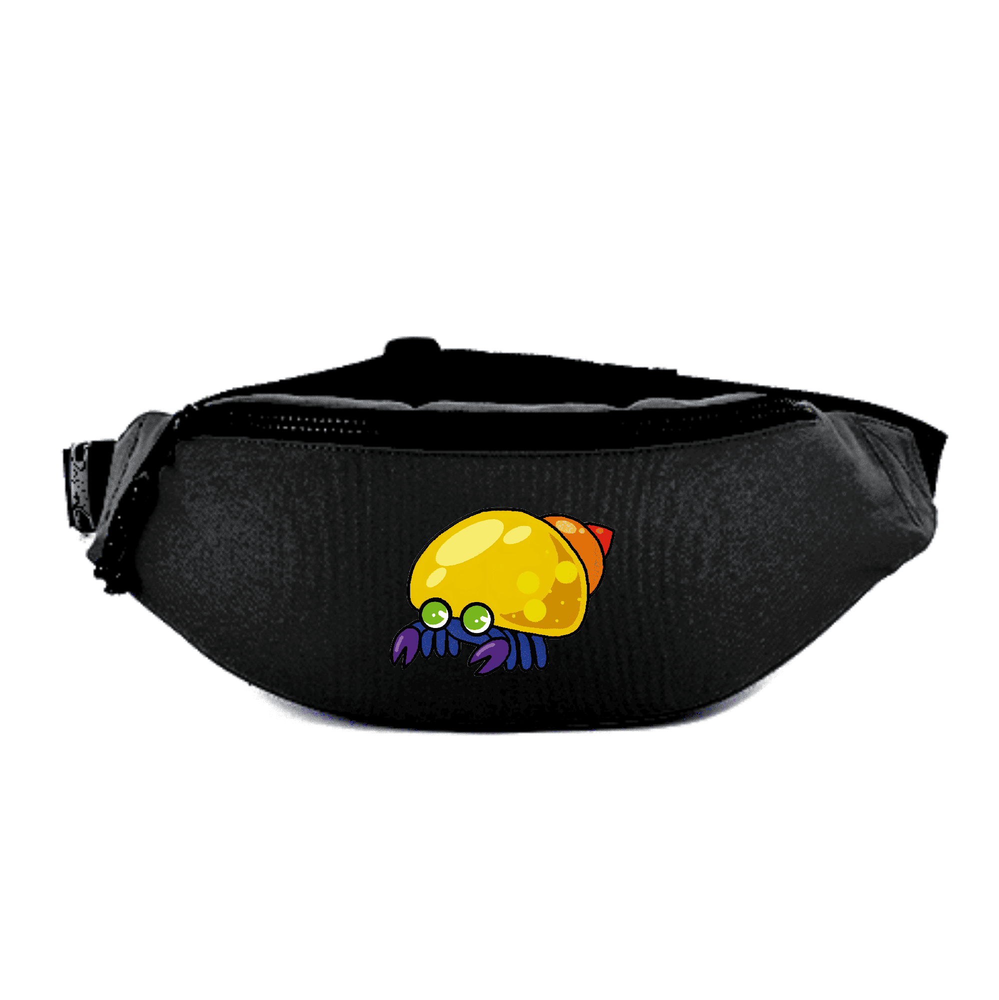 Bunte Gürteltasche mit Schneckenmotiv für stilvolle Aufbewahrung. Schwarze Gürteltasche mit buntem, cartoonhaftem Schneckenmotiv auf der Vorderseite.