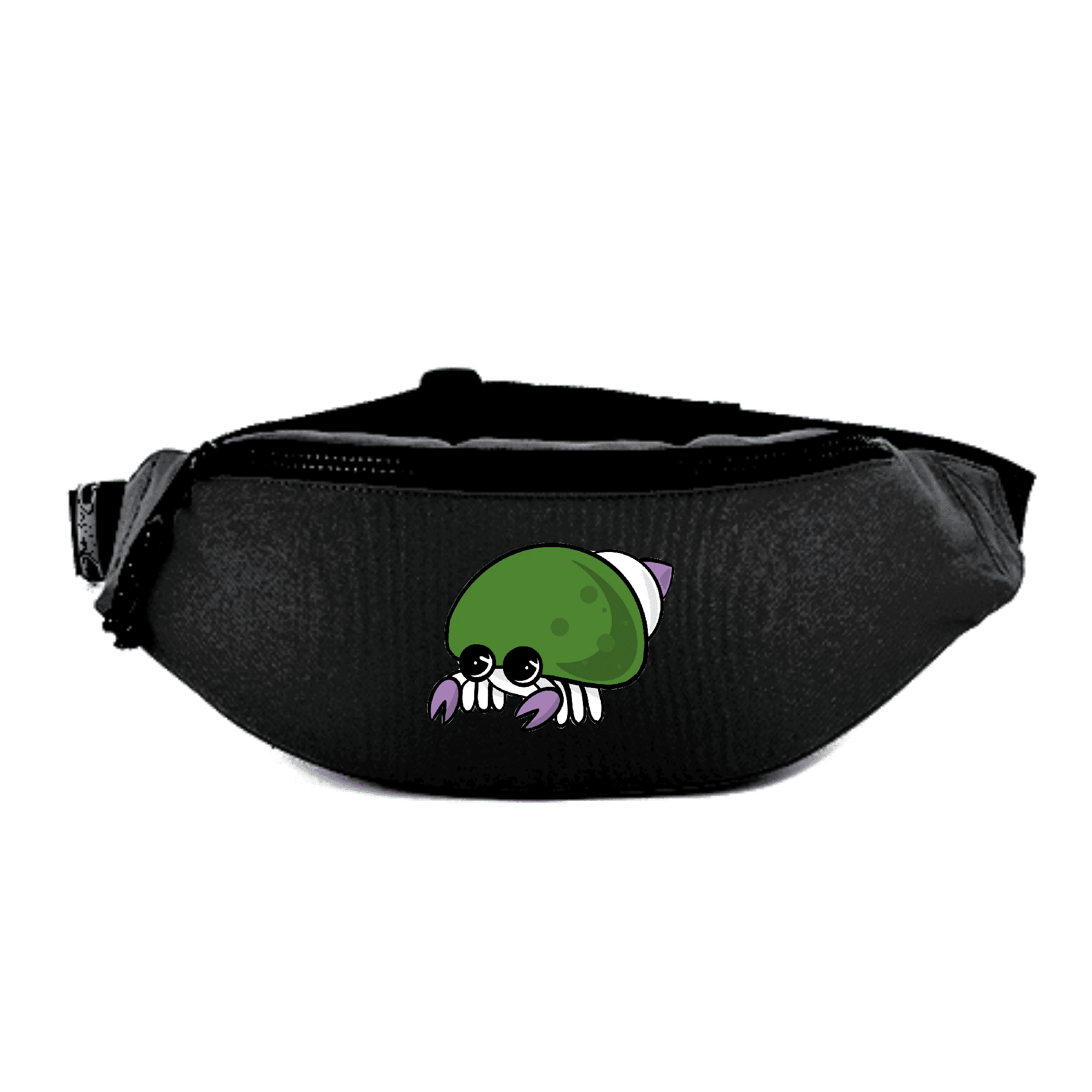 Stylische schwarze Bauchtasche mit buntem Krebsdesign. Schwarze Bauchtasche mit einem süßen, cartoonhaften Krebsmotiv in grün und lila.