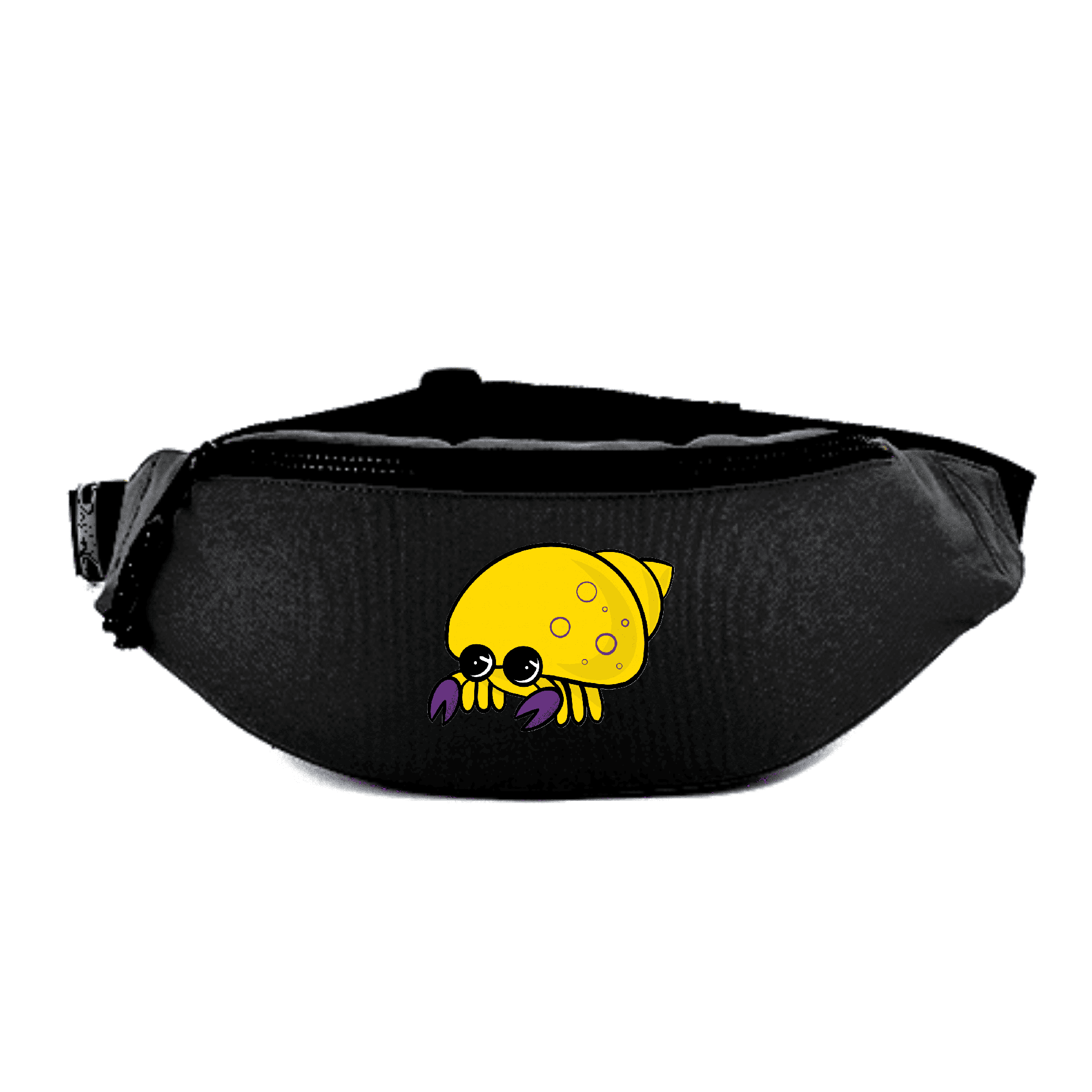 Hüfttasche mit lustigem gelben Hermit-Krebs-Design. Stylische Hüfttasche in Schwarz mit einem niedlichen, gelben Hermit-Krebs-Motiv.