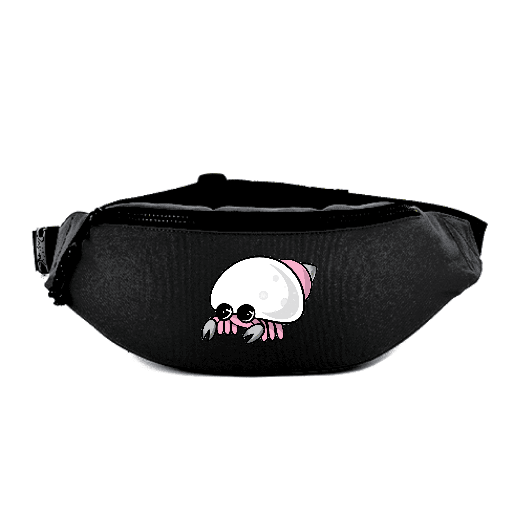 Lustige schwarze Gürteltasche mit Krabbenaufdruck. Schwarze Gürteltasche mit einem fröhlichen Krabbenmotiv in der Mitte.