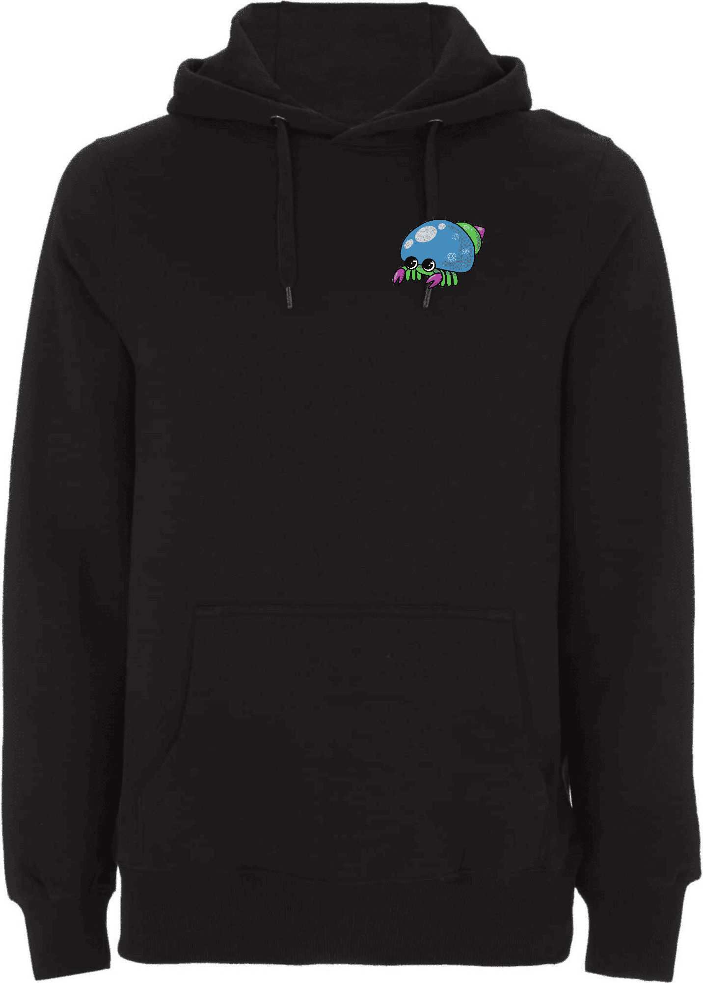 Stylischer schwarzer Hoodie mit kreativem Krabbenmotiv. Schwarzer Hoodie mit buntem, cartoonhaftem Krabbenmotiv auf der linken Brust.