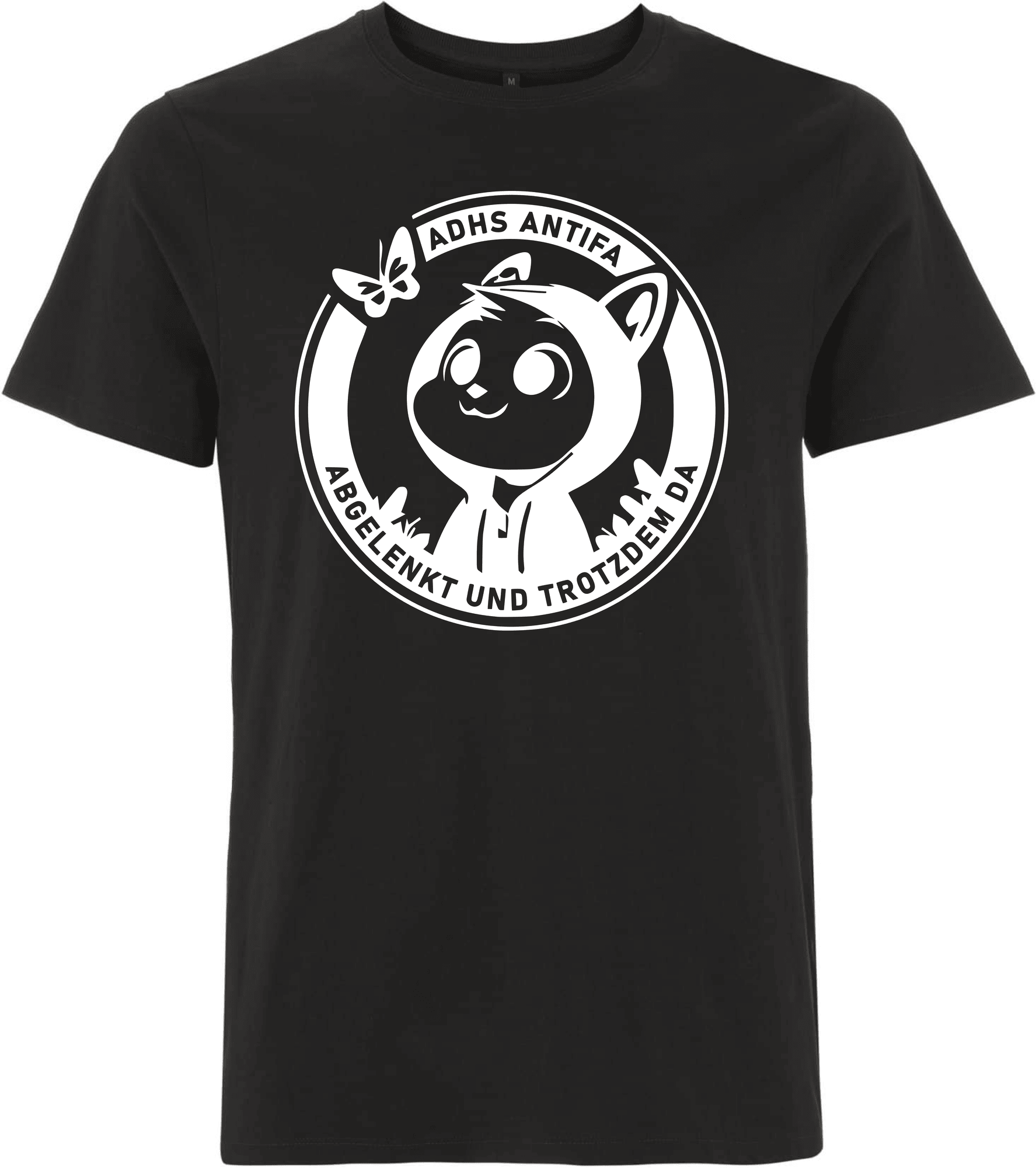 T-Shirt mit ADHS Antifa Motiv – "Abgelenkt und trotzdem da" Schwarzes T-Shirt mit einem humorvollen grafischen Druck, der ein Maskottchen mit Kapuze und einer Schmetterlingsmotivation zeigt.