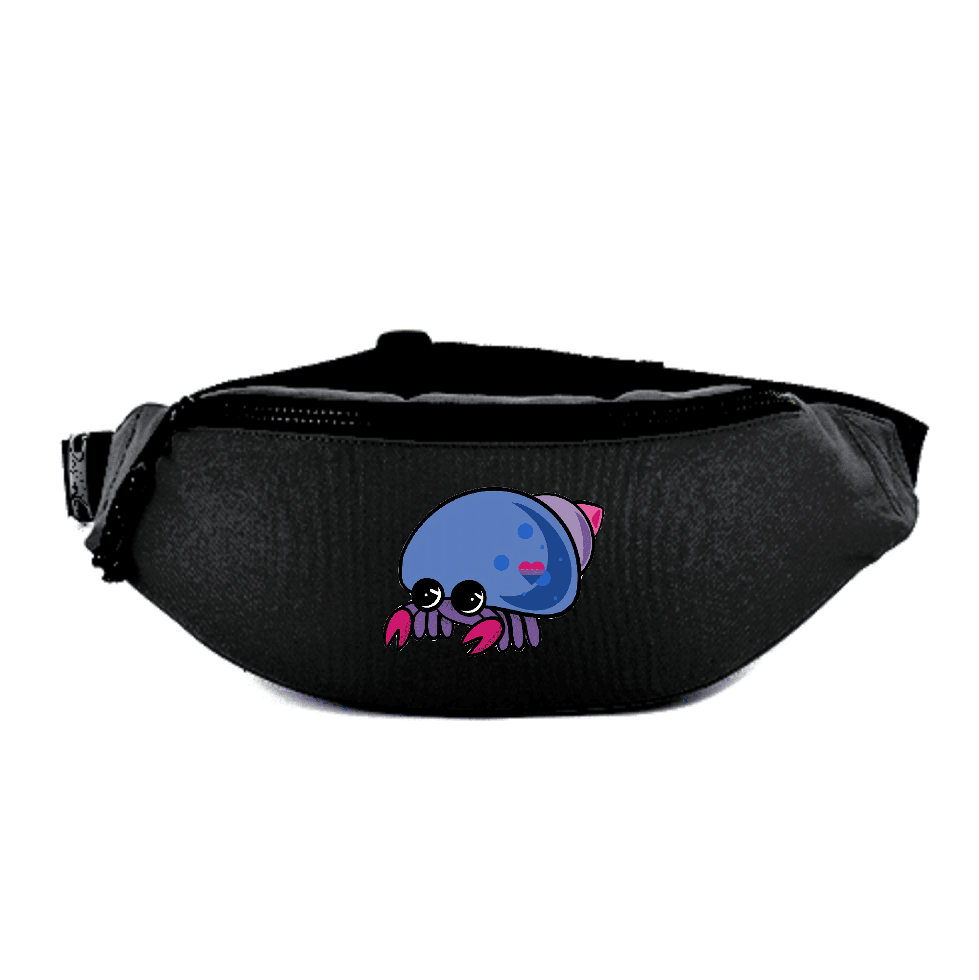 Gürteltasche mit niedlichem Krebsdesign in lebendigen Farben. Schwarze Gürteltasche mit einem verspielten, bunten Krebsmotiv.