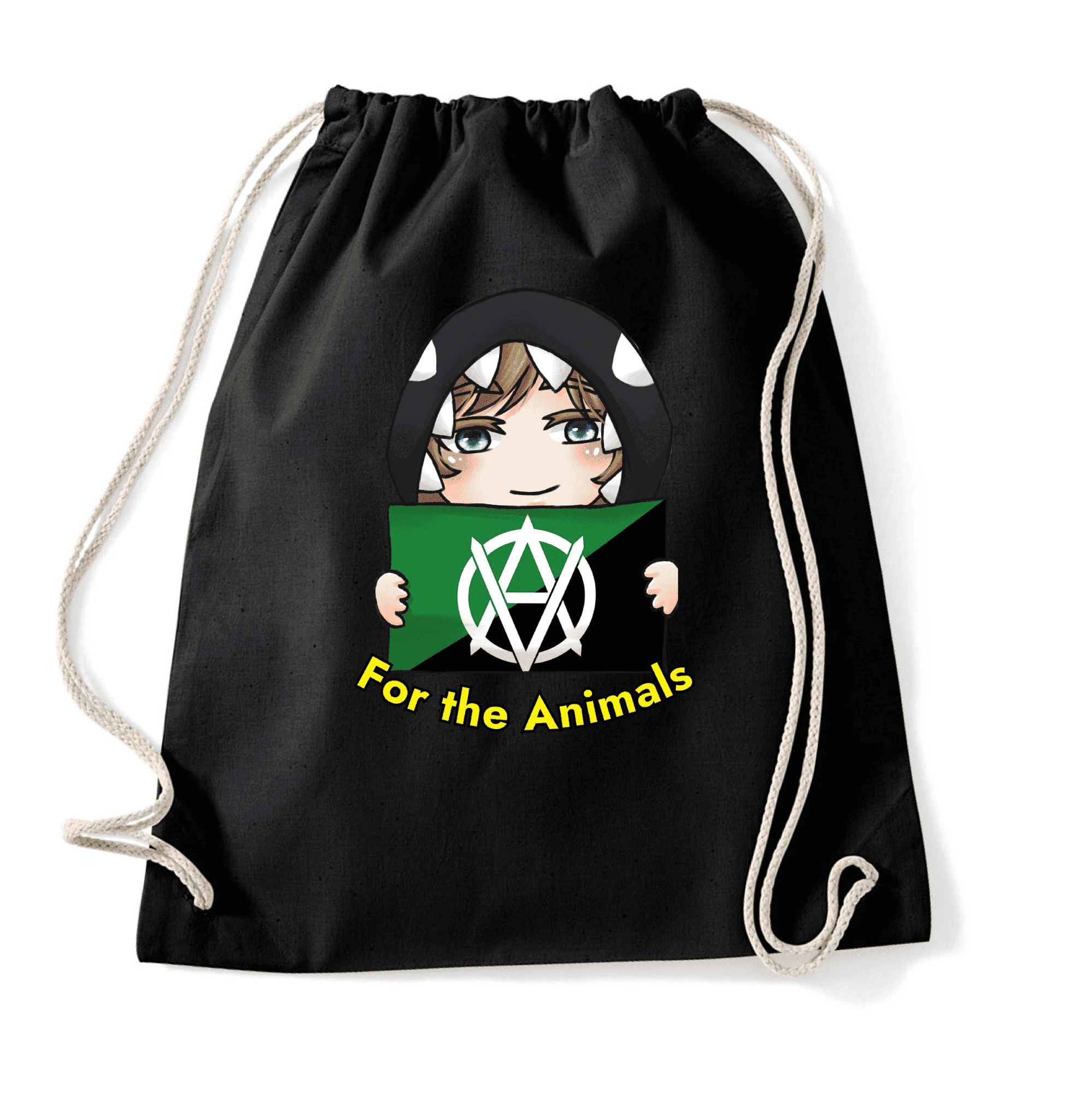 Rucksack mit Tieraktivismus-Design und charakteristischem Artwork. Schwarzer Rucksack mit einem niedlichen Charakter, der ein Schild mit dem Motto "For the Animals" hält, und einem anarchistischen Symbol.