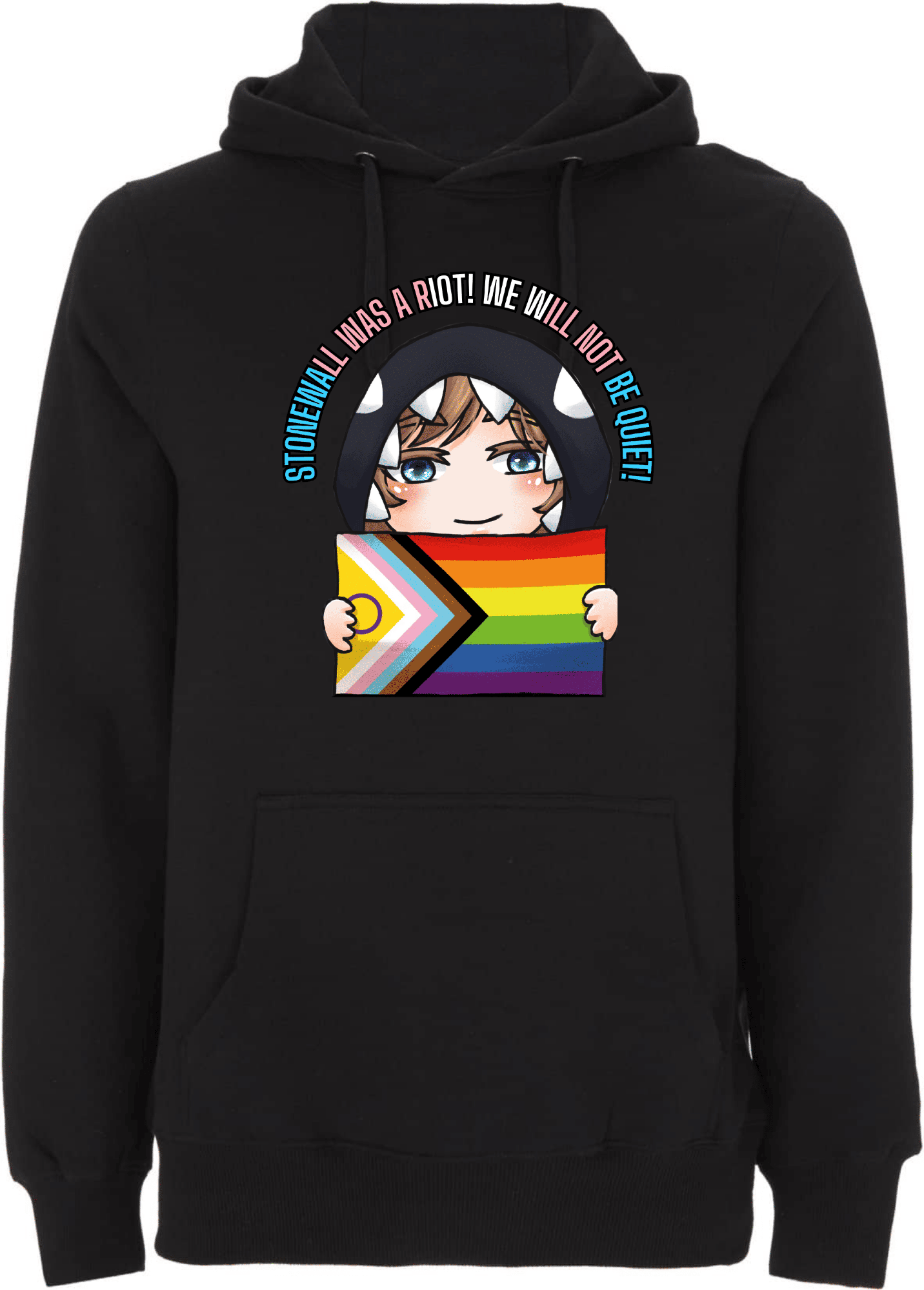 Hoodie mit auffälligem Stonewall-Motiv und buntem Flaggen-Design. Schwarzer Hoodie mit einem bunten, cartoonhaften Design, das eine Figur in einem Kapuzenpullover zeigt, die eine Flagge mit Regenbogenfarben hält und den Text „STONEWALL WAS A RIOT! WE WILL NOT BE QUIET!“ enthält.