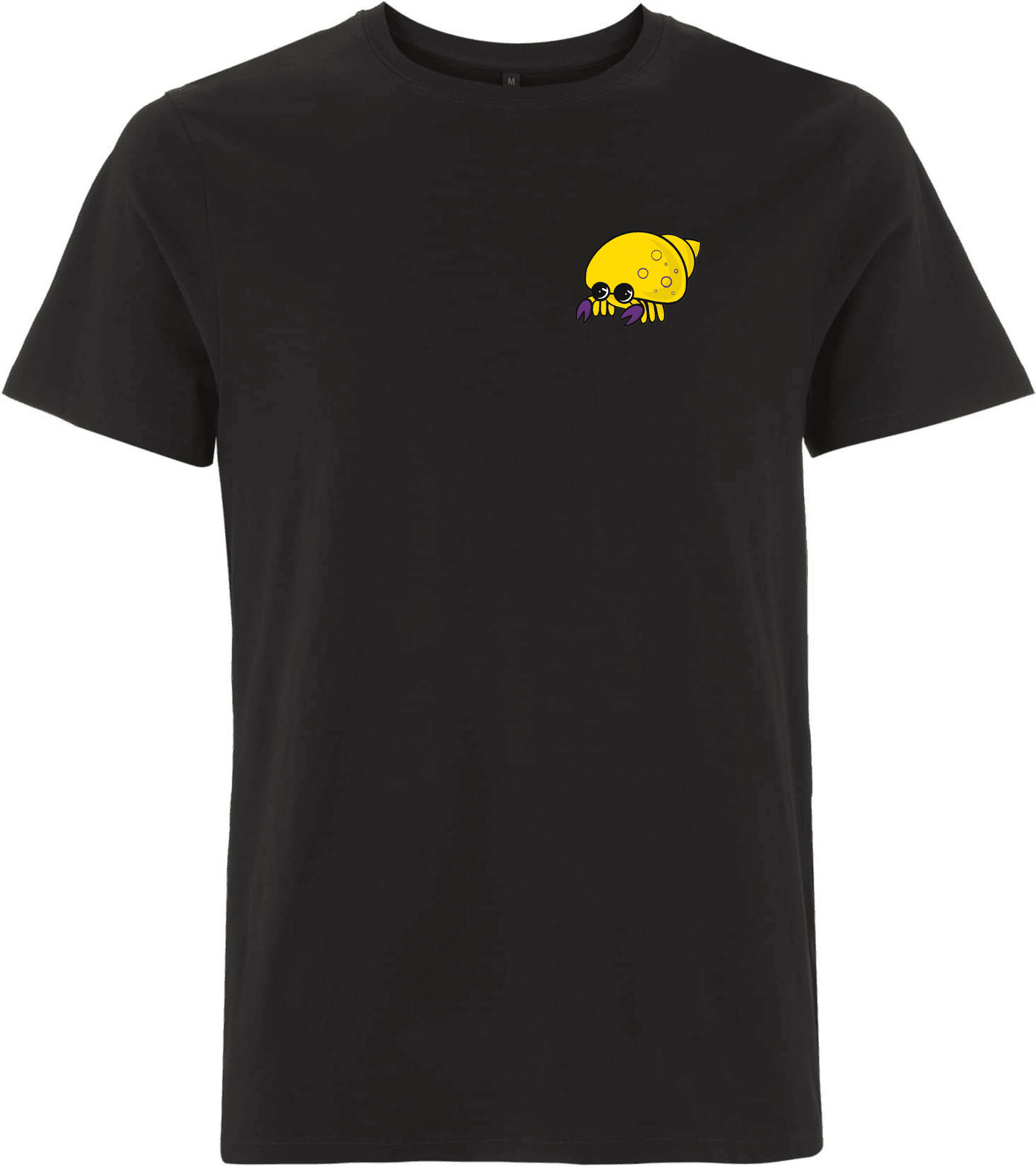 Schwarzes T-Shirt mit buntem Krebs-Design. Schwarzes T-Shirt mit einem gelben, cartoonhaften Krebs-Motiv auf der linken Brustseite.