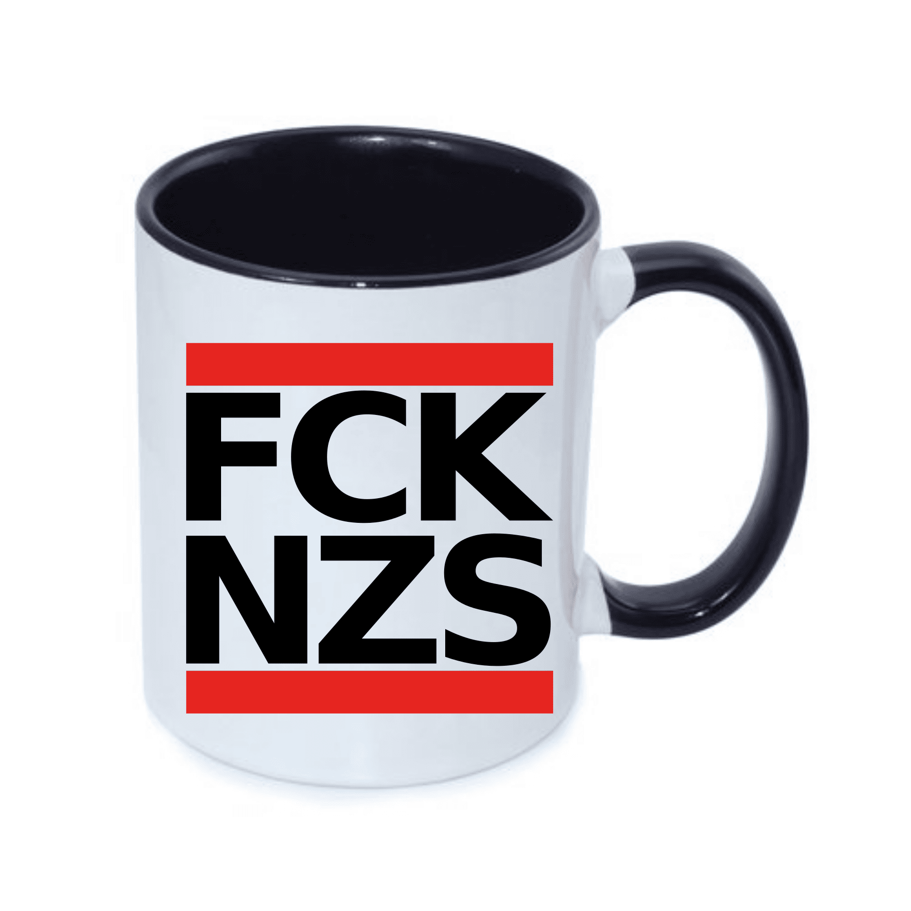 Becher mit auffälligem, grafischem Druck des Statements "FCK NZS". Tasse mit schwarzem Henkel und rotem Druck, der den Text "FCK NZS" zeigt.