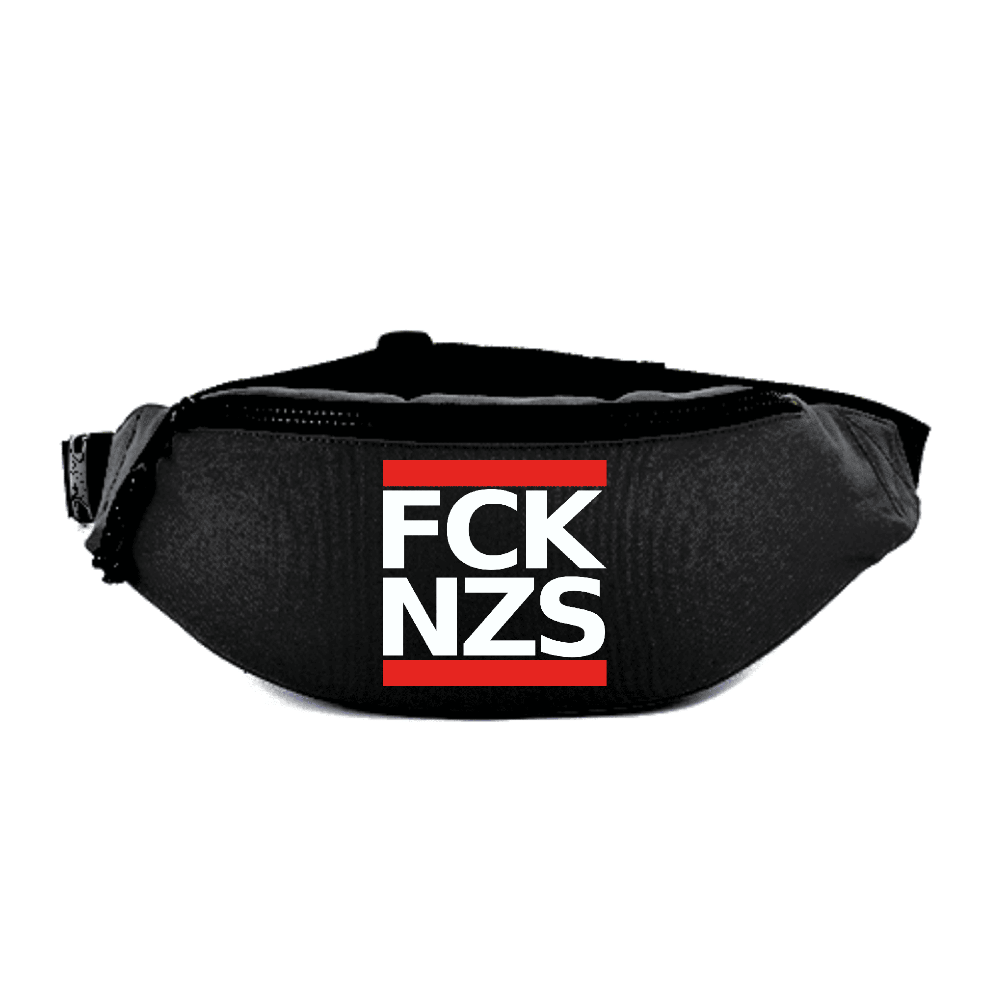 Modische Bauchtasche mit Statement-Design „FCK NZS“. Schwarze Bauchtasche mit auffälligem weißen und rotem Aufdruck „FCK NZS“.