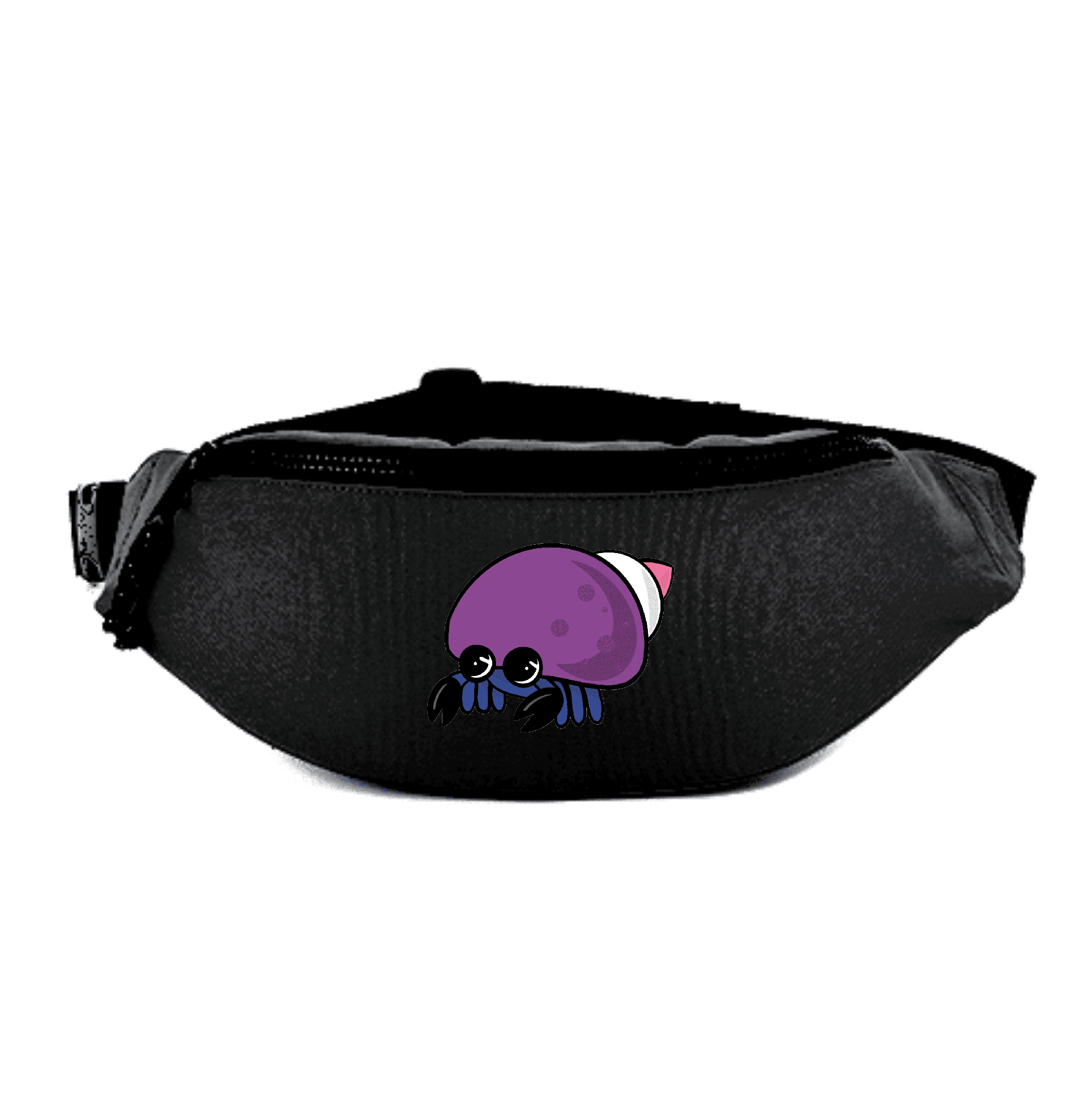 Stylische schwarze Bauchtasche mit niedlichem Krabben-Design. Eine schwarze Bauchtasche mit einem bunten, cartoonhaften Krabben-Motiv auf der Vorderseite.