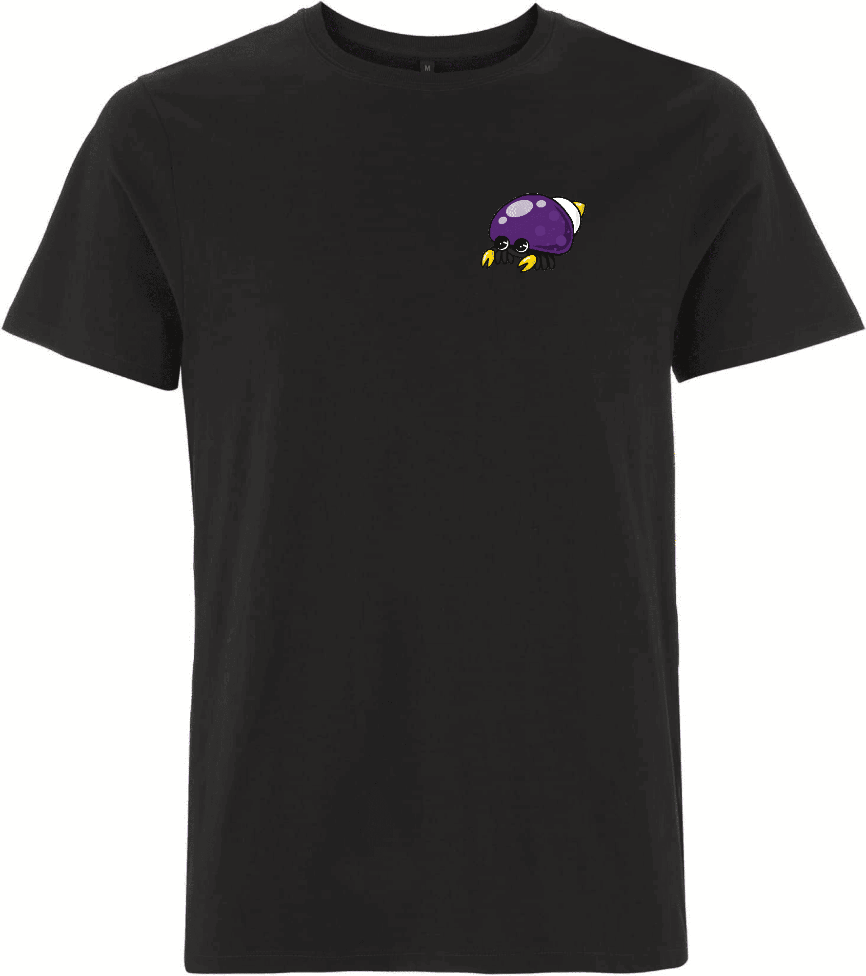 Schwarz mit cartoonhaftem Käfermuster – lässiges T-Shirt für jeden Anlass. Schwarzes T-Shirt mit einem bunten, cartoonhaften Motiv eines Käfers auf der linken Brustseite.