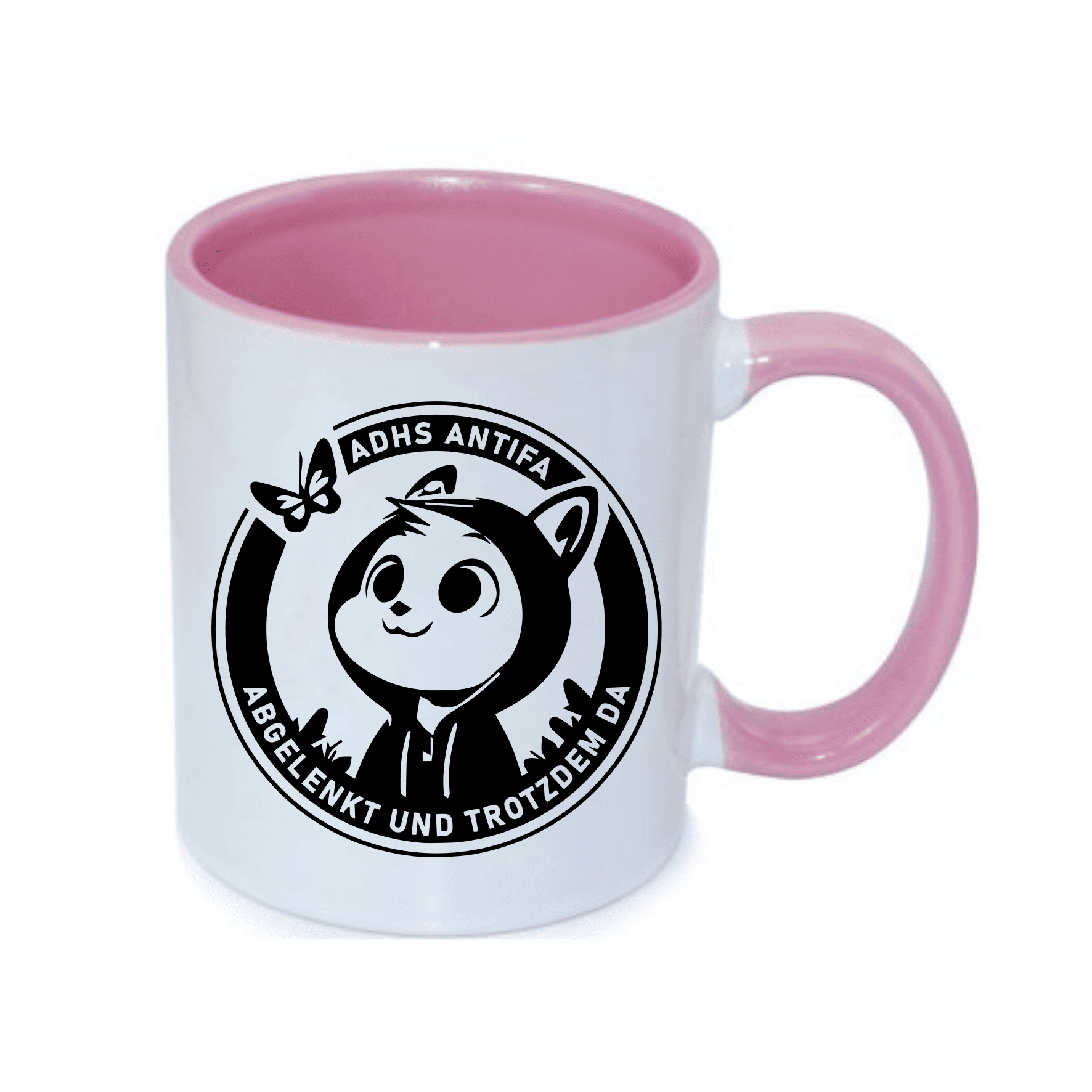 Bunte Keramiktasse mit ADHS ANTIFA-Motiv und lustigem Charakter. Keramiktasse mit farbigem Henkel und einem niedlichen, cartoonhaften Design sowie dem Text "ADHS ANTIFA - ABGELENKT UND TROTZDEM DA".