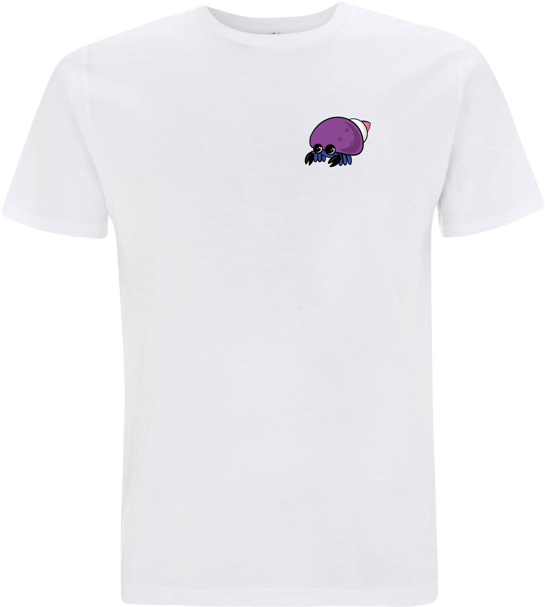 Weißes T-Shirt mit einem bunten, cartoonhaften Krabben-Motiv auf der Brust.