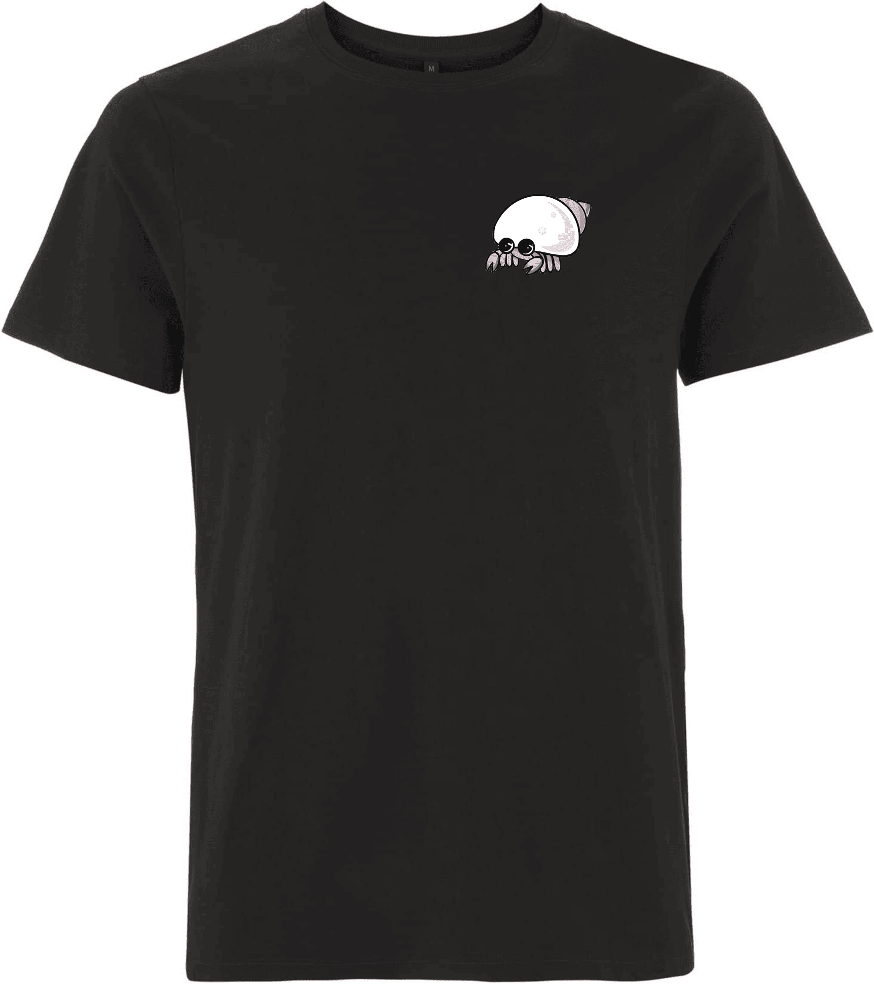 Lustiges schwarzes T-Shirt mit Krebsdesign für lässige Outfits. Schwarzes T-Shirt mit einem niedlichen, stilisierten Krebsmotiv auf der linken Brustseite.