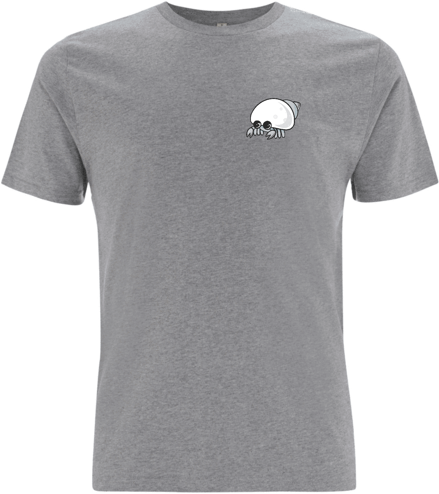 Graues T-Shirt mit einem niedlichen, cartoonhaften Krabbeldier-Logo auf der linken Brustseite.