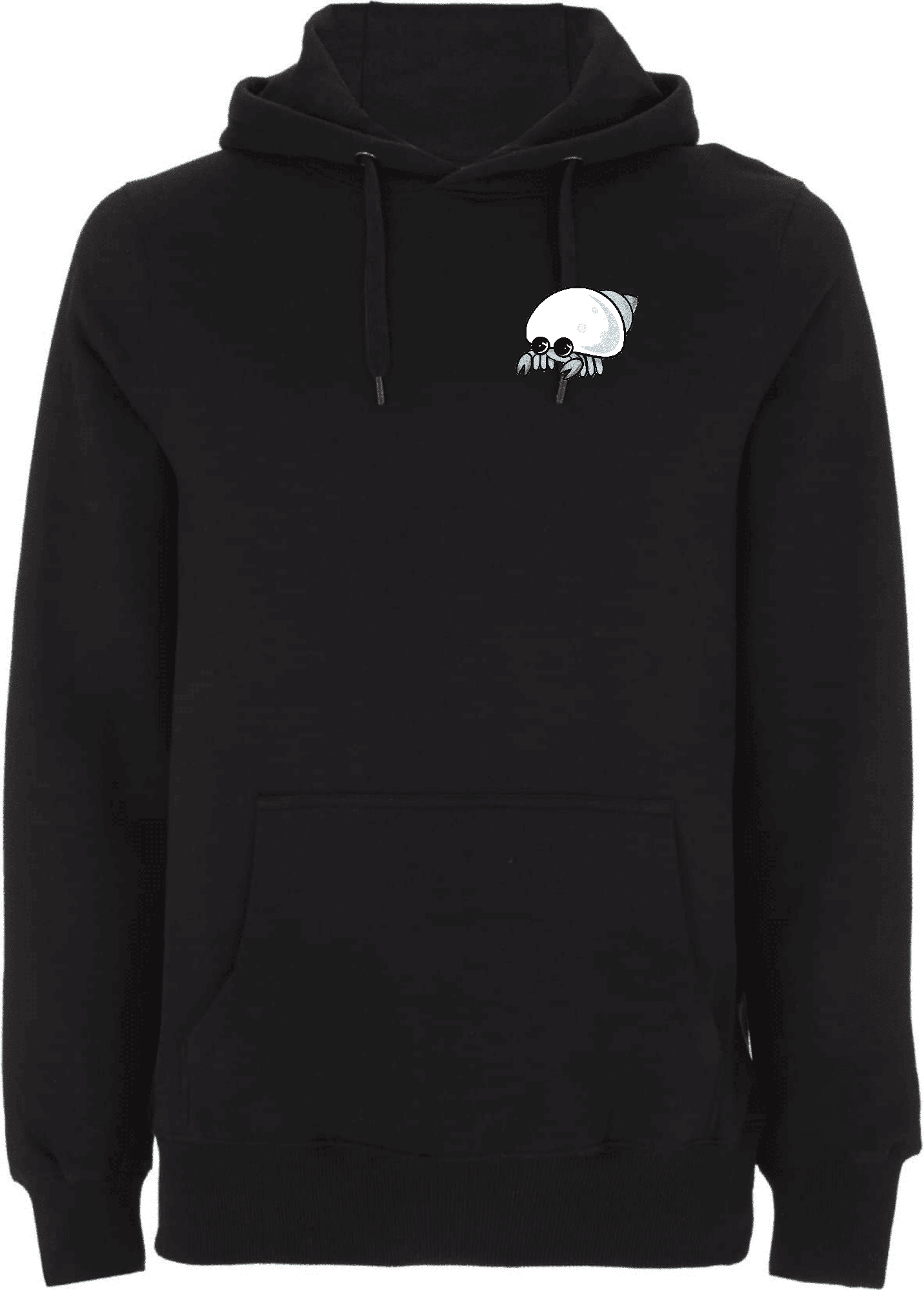 Stylischer schwarzer Hoodie mit krabbenförmigem Aufdruck. Schwarzer Hoodie mit einem grafischen Aufdruck eines stilisierten Krabbenmotivs auf der Brust.