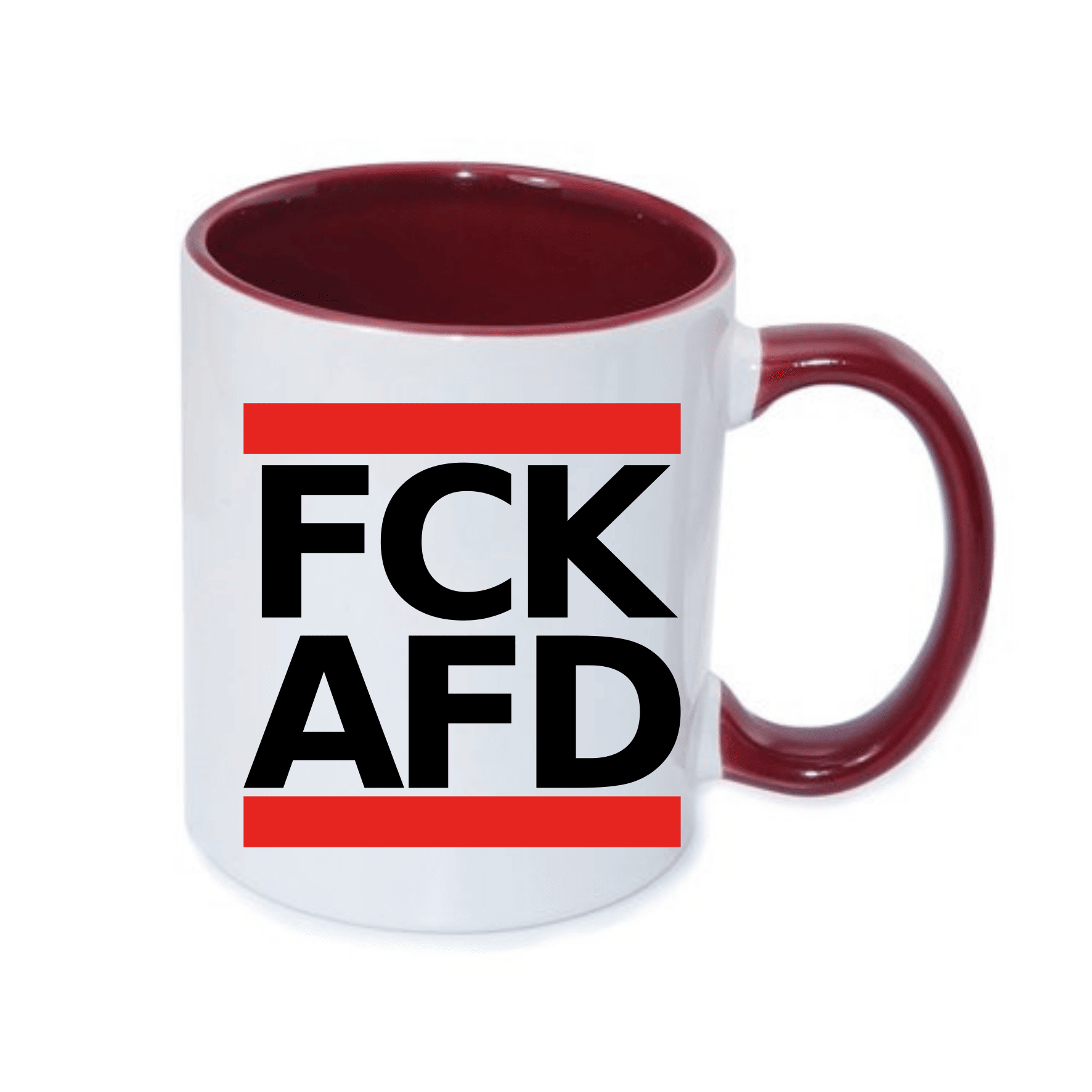 Kaffee- oder Teetasse mit auffälligem Schriftzug. Tasse mit einem klaren, provokativen Aufdruck in schwarz und rot.