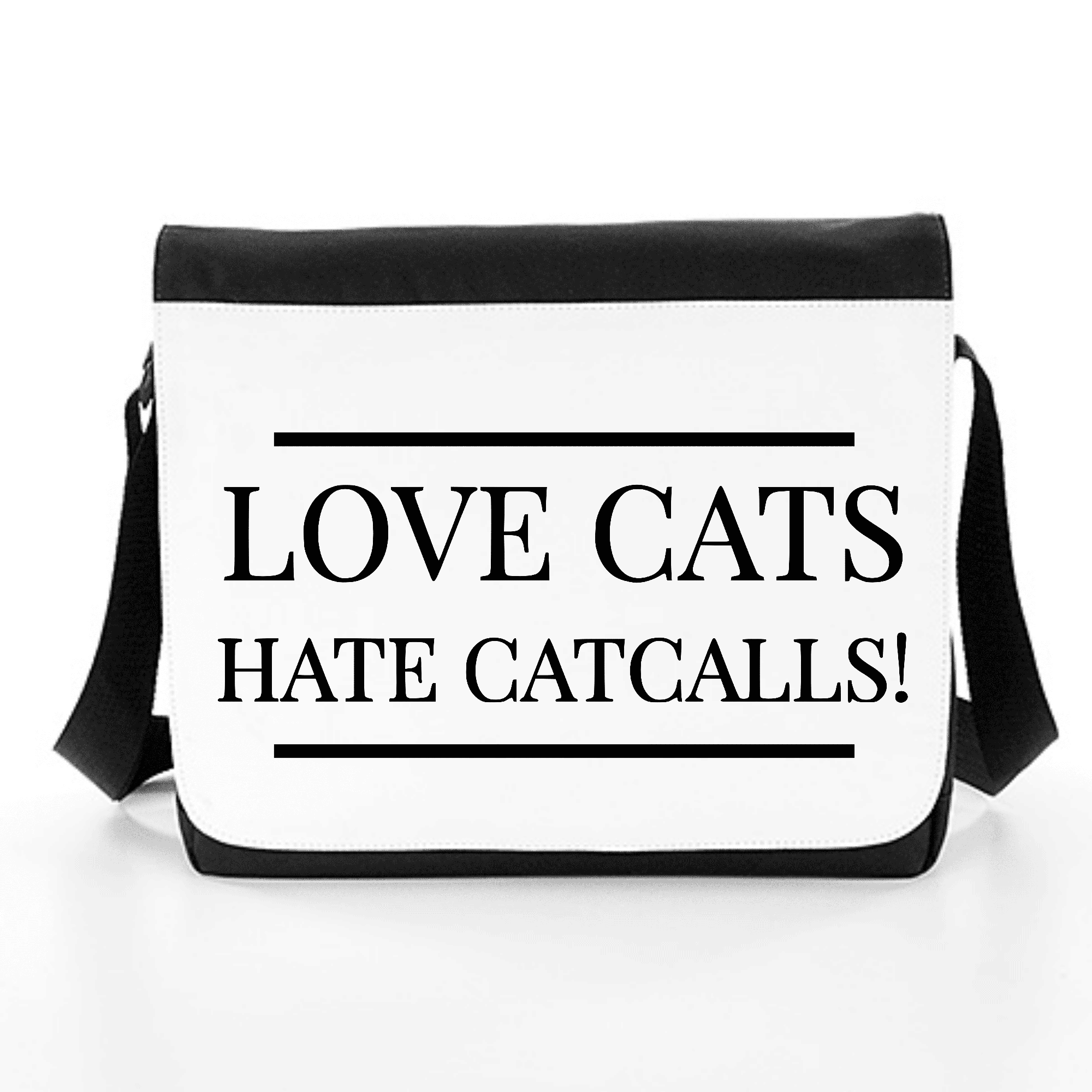 Umhängetasche mit Katzenmotiv und sozialem Statement Umhängetasche mit dem Aufdruck "LOVE CATS HATE CATCALLS!"