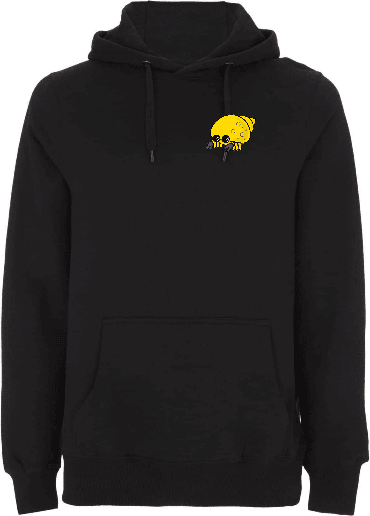 Hoodie mit lustigem Gelbkrabben-Design auf der Brust. Schwarzer Hoodie mit einem bunten, cartoonhaften Gelbkrabben-Motiv auf der linken Brustseite.
