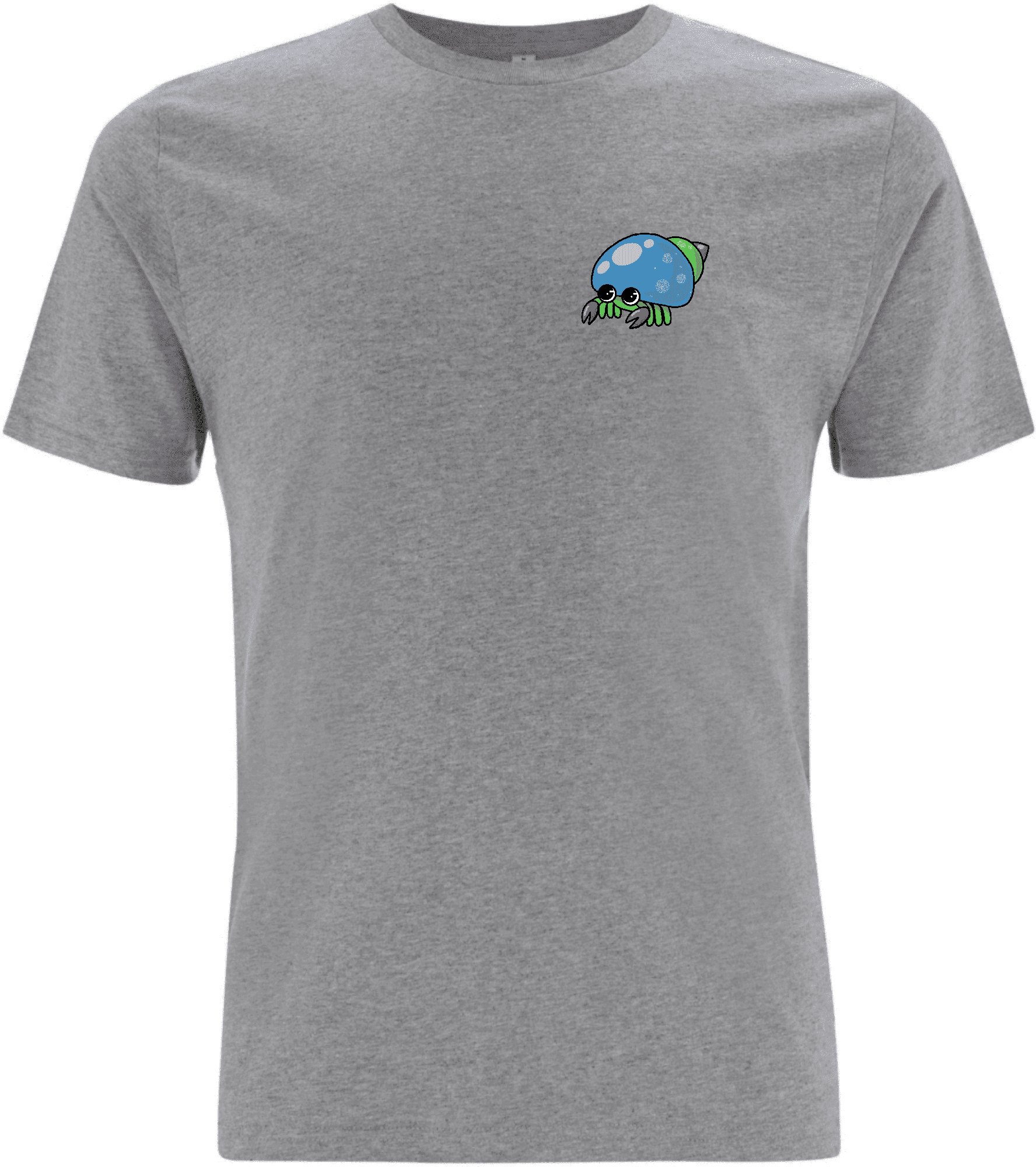 Graues T-Shirt mit buntem Motiv eines niedlichen, cartoonhaften Krabbeltieres auf der linken Brustseite.
