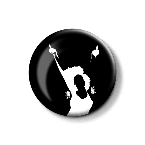 Silhouette einer jubelnden Person in einem runden Design. Stylisierte schwarze Silhouette einer feiernden Person mit ausgestreckten Armen.