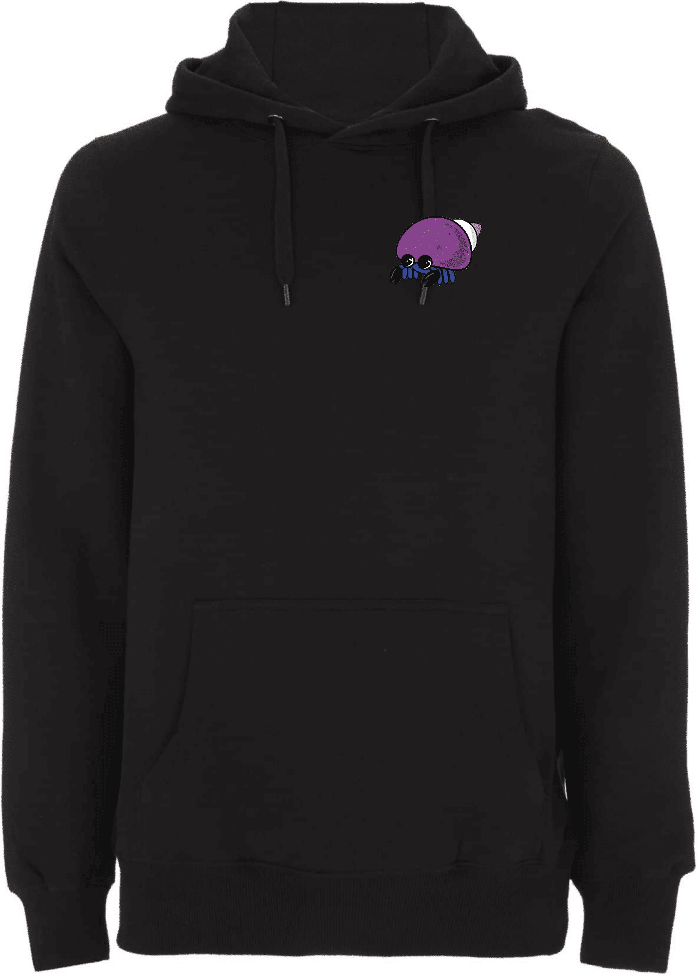 Stylischer schwarzer Hoodie mit lila Känguru-Design. Schwarzer Hoodie mit einem niedlichen, lila Känguru-Motiv auf der Brust.