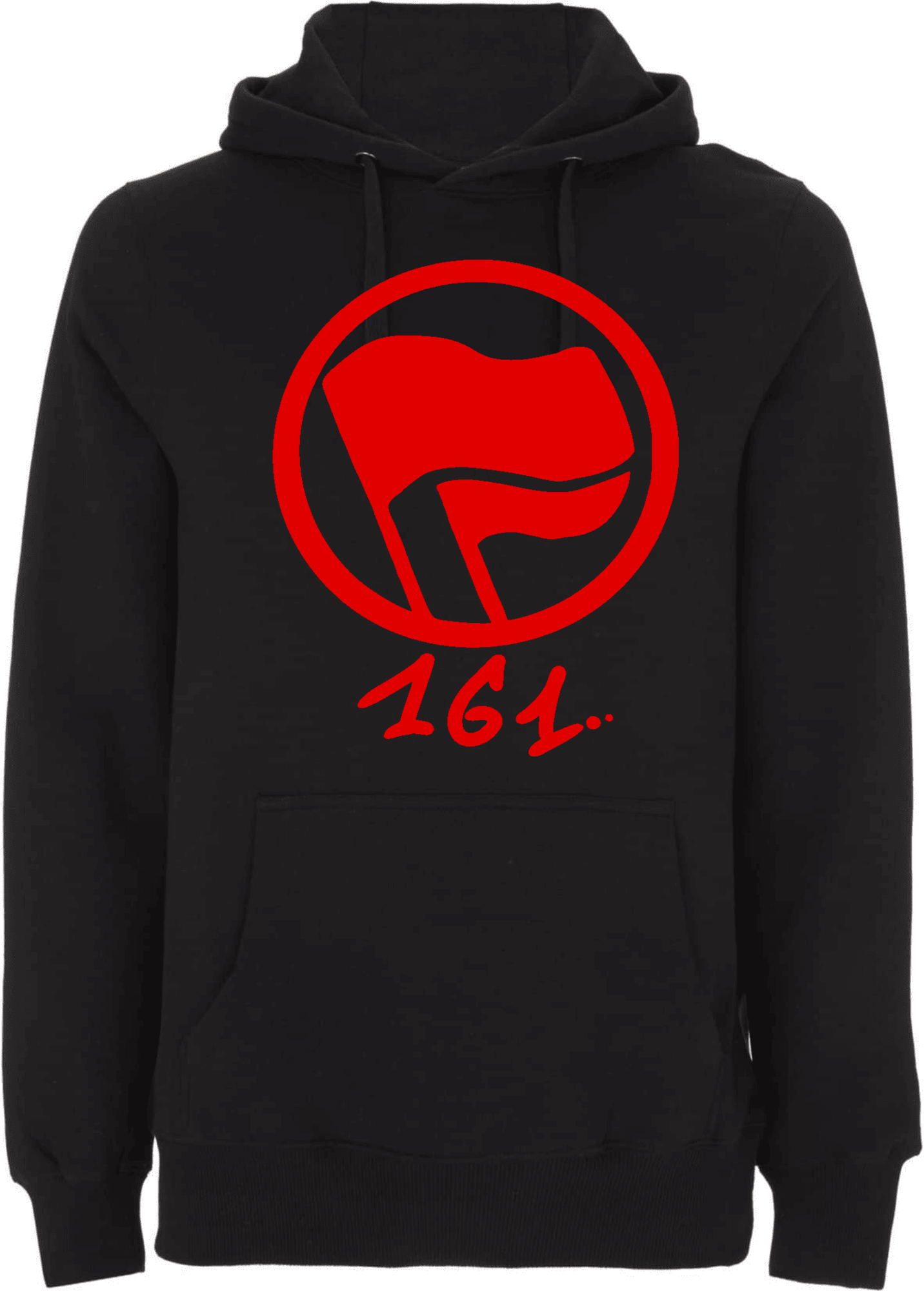 Stylischer schwarzer Kapuzenpullover mit rotem Flaggen-Logo und 161. Schwarzer Kapuzenpulli mit rotem Aufdruck einer Flagge und der Zahl 161.