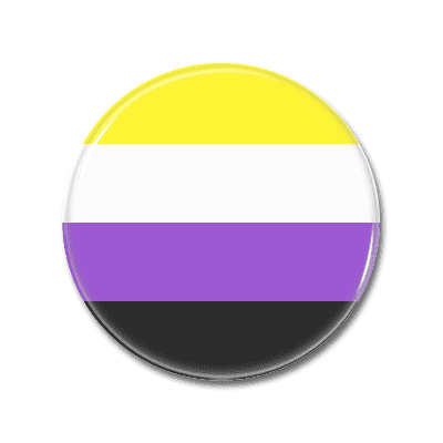 Non-binärer Anstecker mit Flaggenmotiven. Ein runder Anstecker mit den Farben Gelb, Weiß, Lila und Schwarz, die die non-binärepäre Identität symbolisieren.