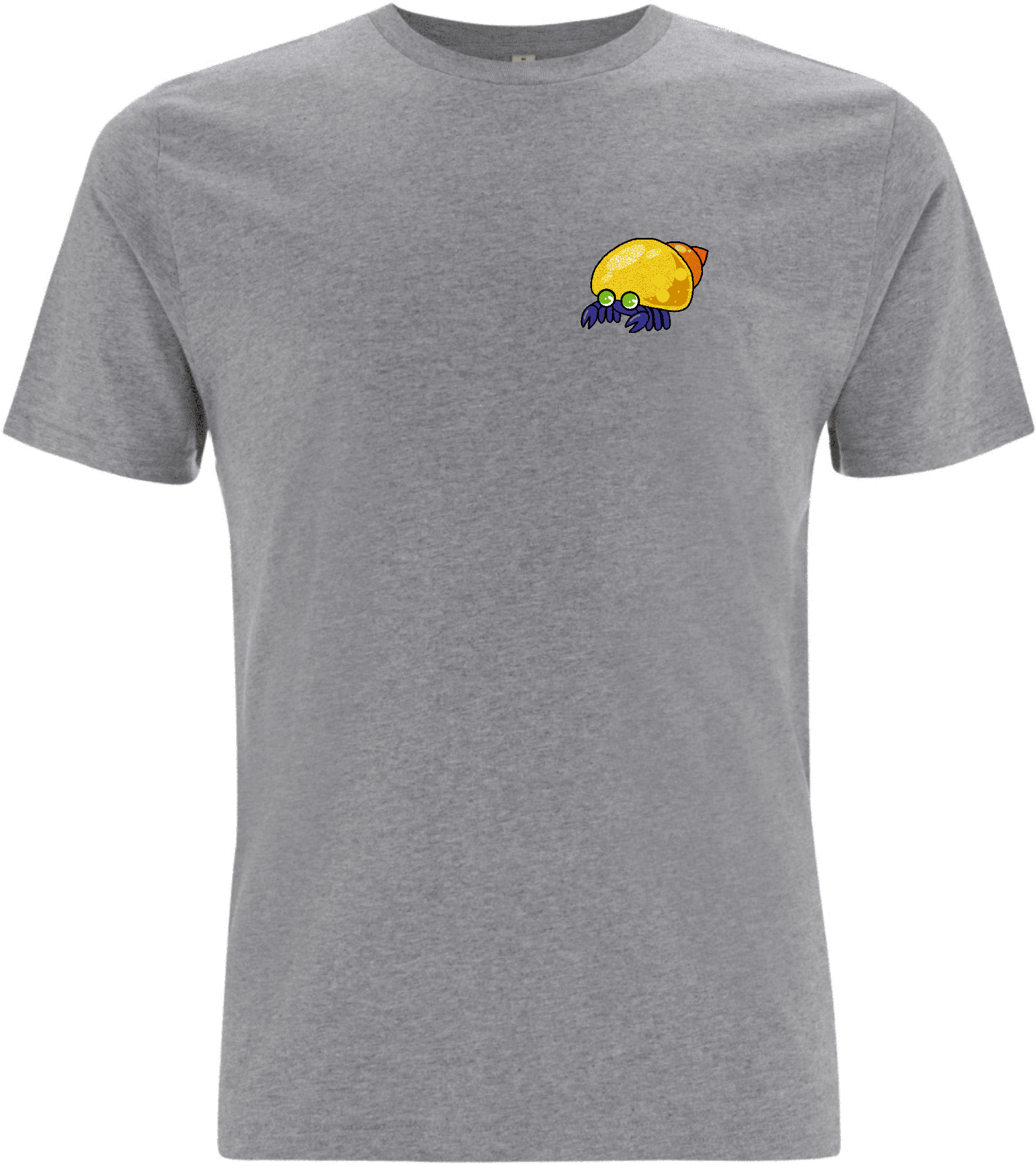Graues T-Shirt mit buntem, cartoonhaften Einsiedlerkrebs-Motiv auf der linken Brustseite.