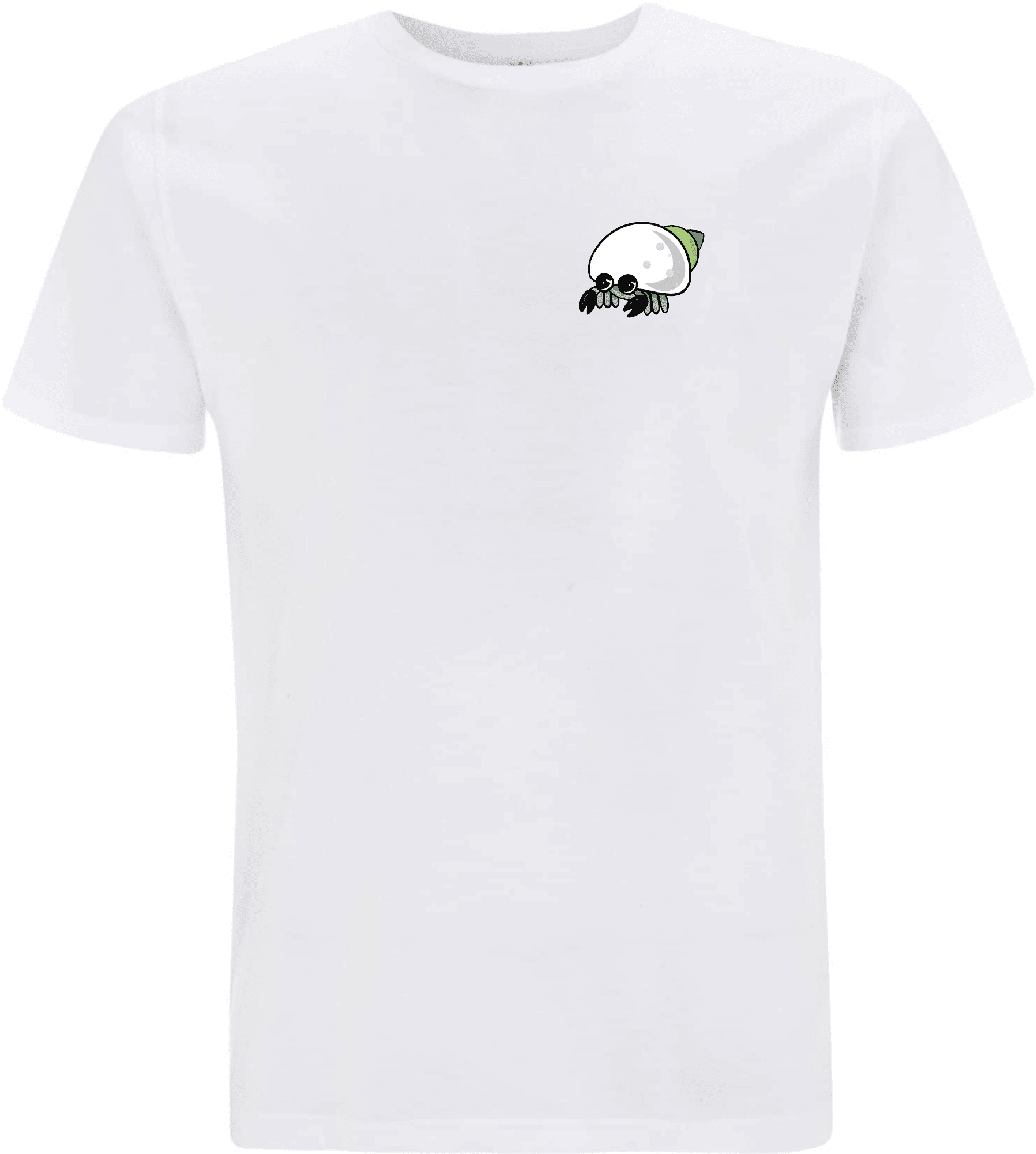 Weißes T-Shirt mit einem niedlichen, cartoonhaften Krebsdesign auf der linken Brust.