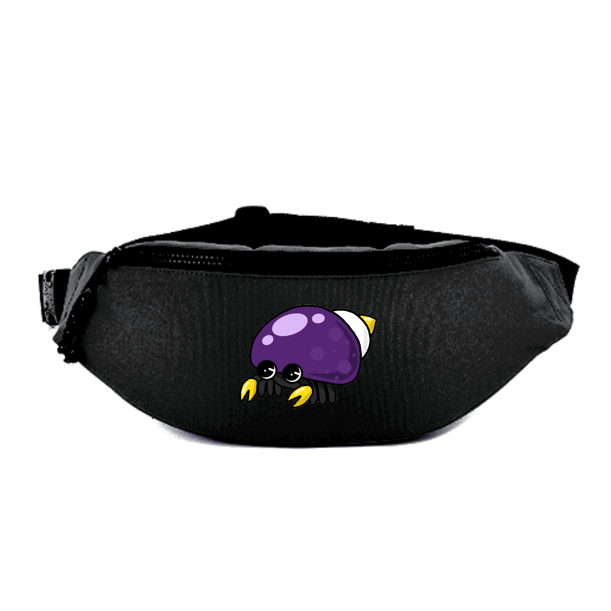 Stylische Bauchtasche mit lila Käfer-Design. Praktische schwarze Bauchtasche mit einem niedlichen, lila Käfer-Motiv.