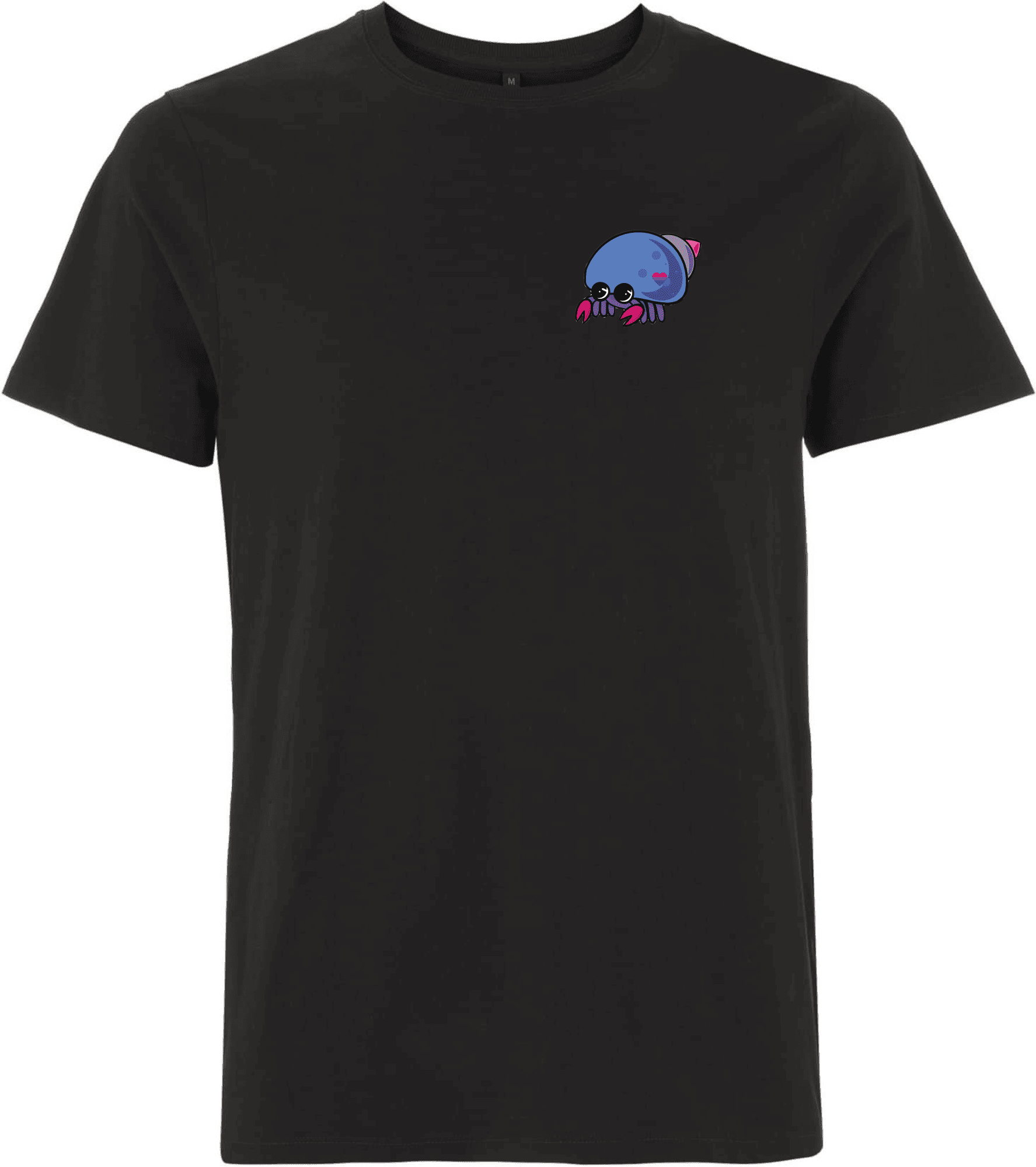 Stylisches schwarzes T-Shirt mit einem lustigen Krabbenmotiv. Schwarzes T-Shirt mit einem bunten, cartoonhaften Motiv eines Krabbenähnlichen Wesens auf der Vorderseite.