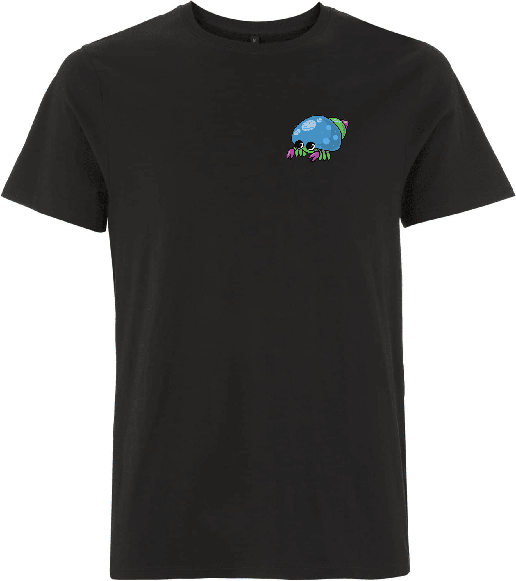 Schwarzes T-Shirt mit farbigem Spinnenprint auf der Vorderseite. Schwarzes T-Shirt mit einem bunten, cartoonartigen Spinnenmotiv auf der Brust.