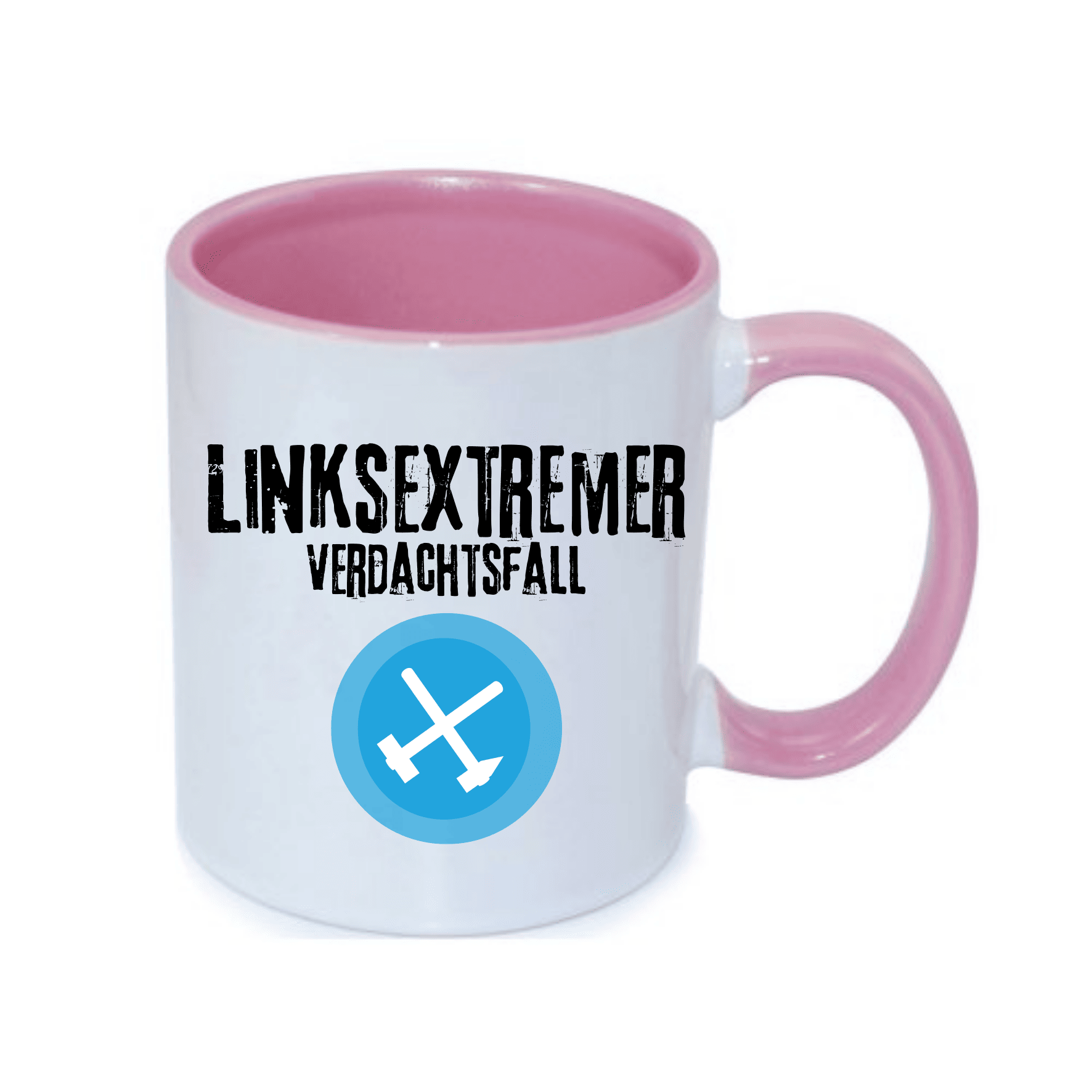 Tasse mit einem weißen Körper und einem pinken Henkel, bedruckt mit dem Text "LINKSEXTREMER VERDACHTSFALL" und einem blauen Symbol.