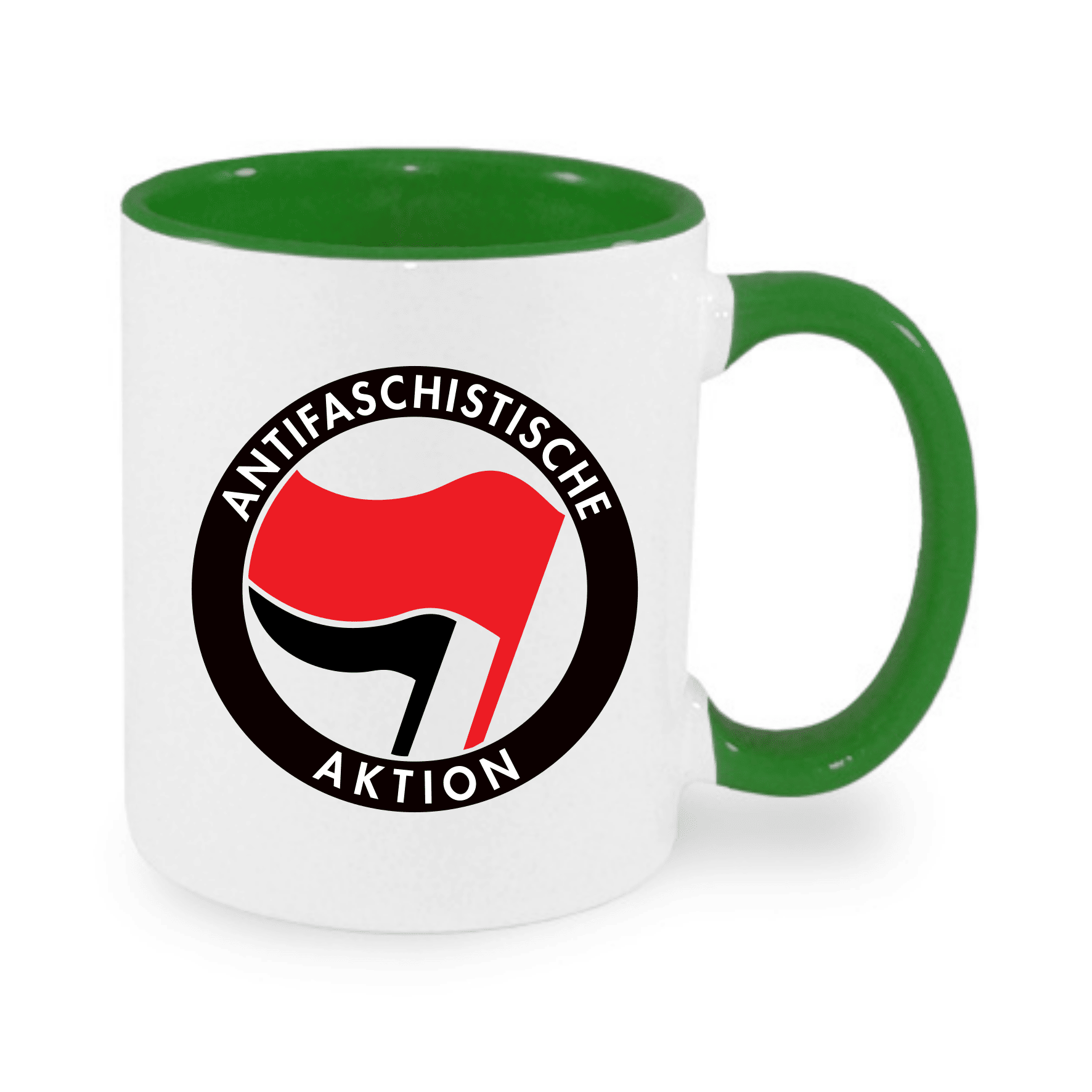 Antifaschistische Aktion Becher mit grünem Henkel Weißer Becher mit grünem Henkel und Logo der Antifaschistischen Aktion.