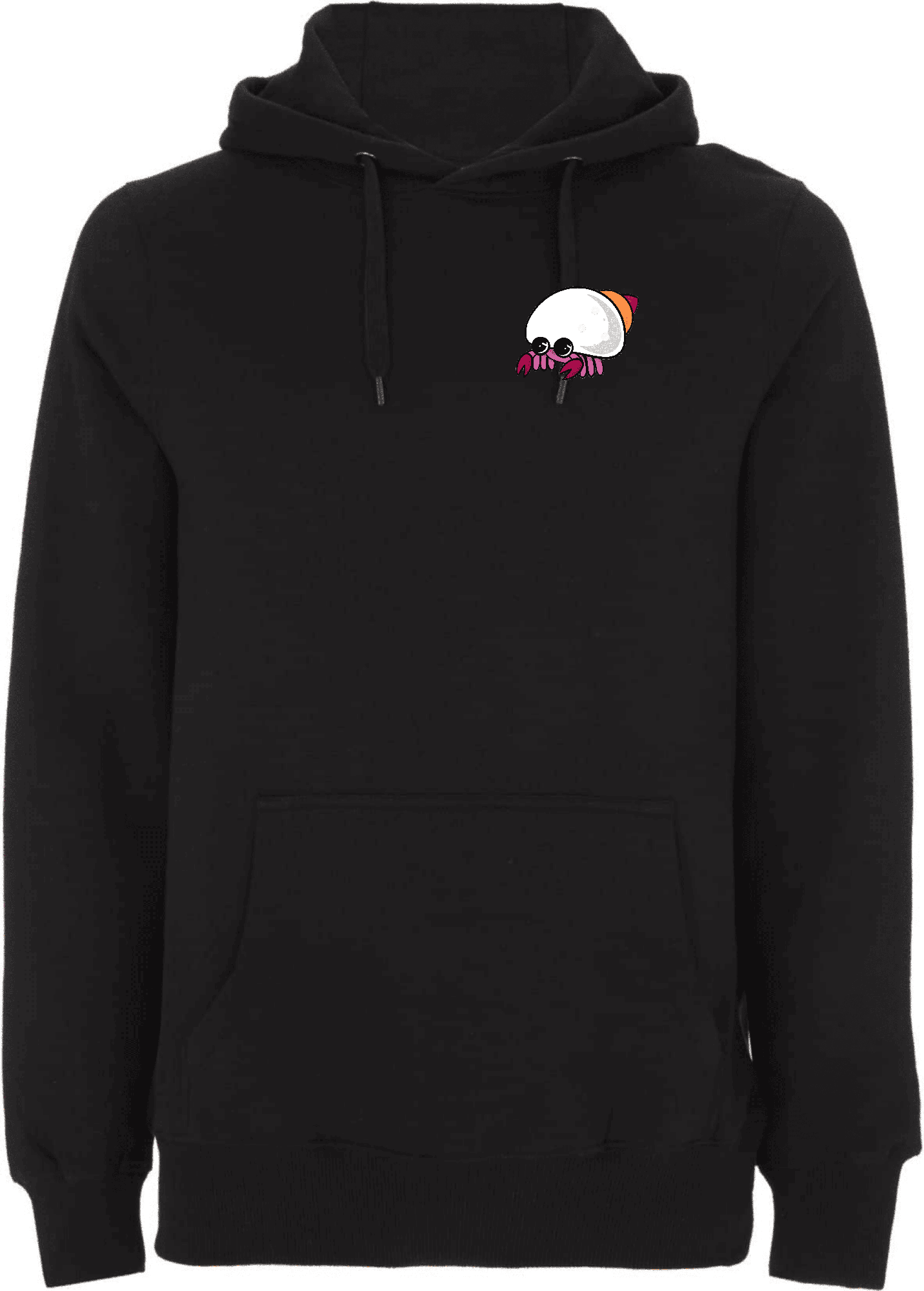 Stylischer schwarzer Hoodie mit kreativer Krabben-Applikation. Schwarzer Hoodie mit einem bunten, cartoonhaften Krabben-Design auf der Brust.