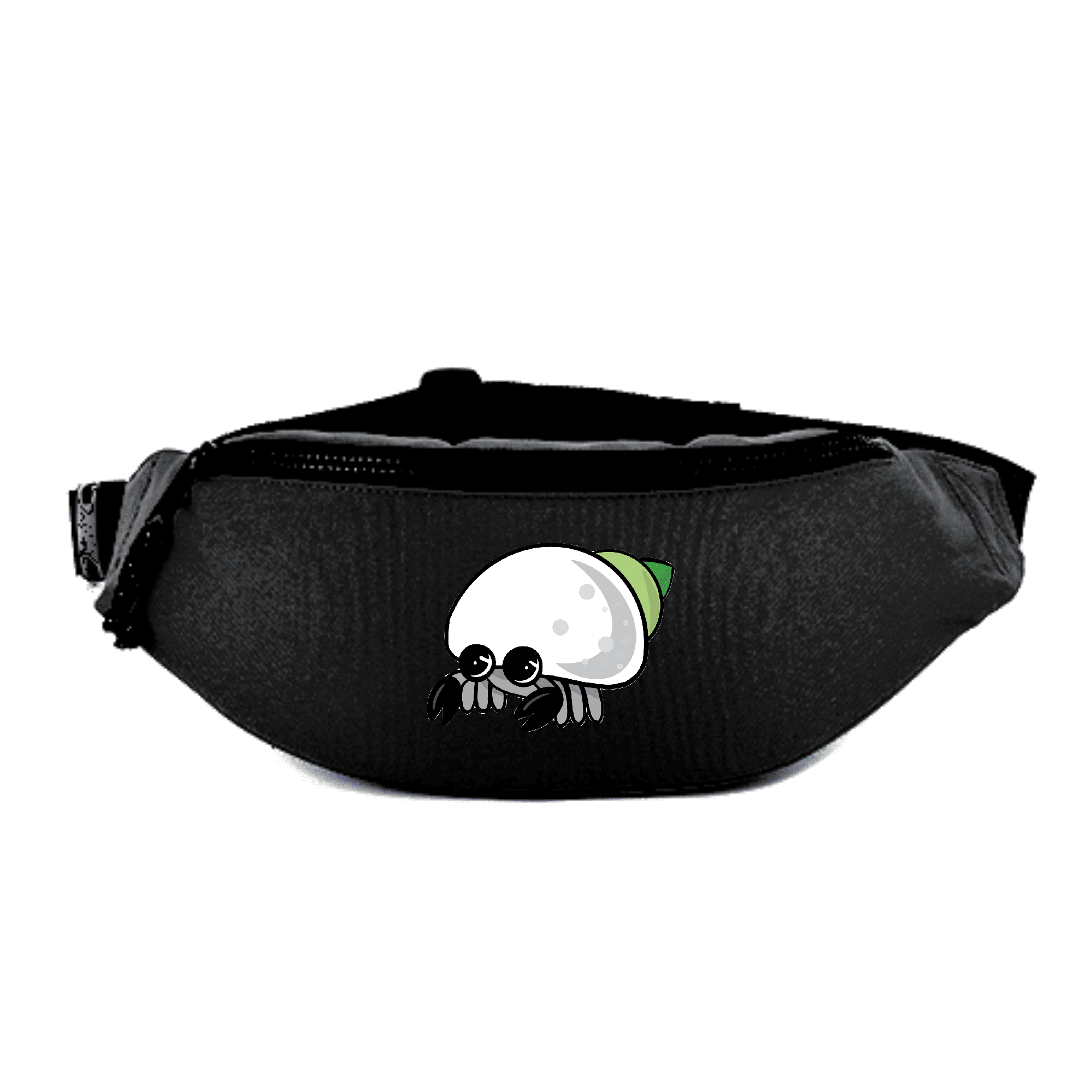 Stylische schwarze Bauchtasche mit einzigartigem Schnecken-Motiv. Schwarze Bauchtasche mit einem niedlichen, cartoonhaften Schnecken-Design auf der Vorderseite.