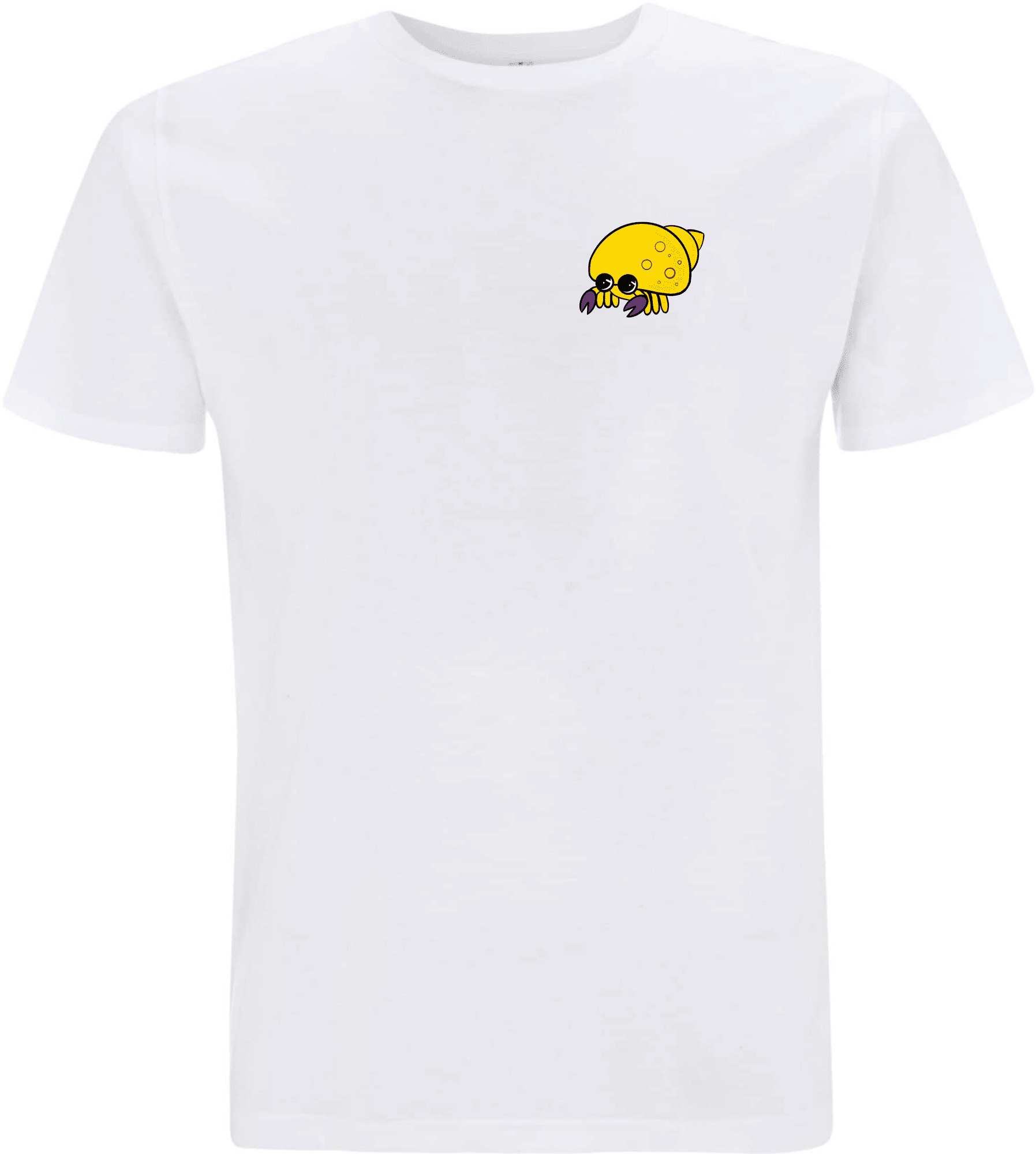 Weißes T-Shirt mit einem bunten, cartoonhaften Motiv eines gelben Krabbenartigen auf der Brust.
