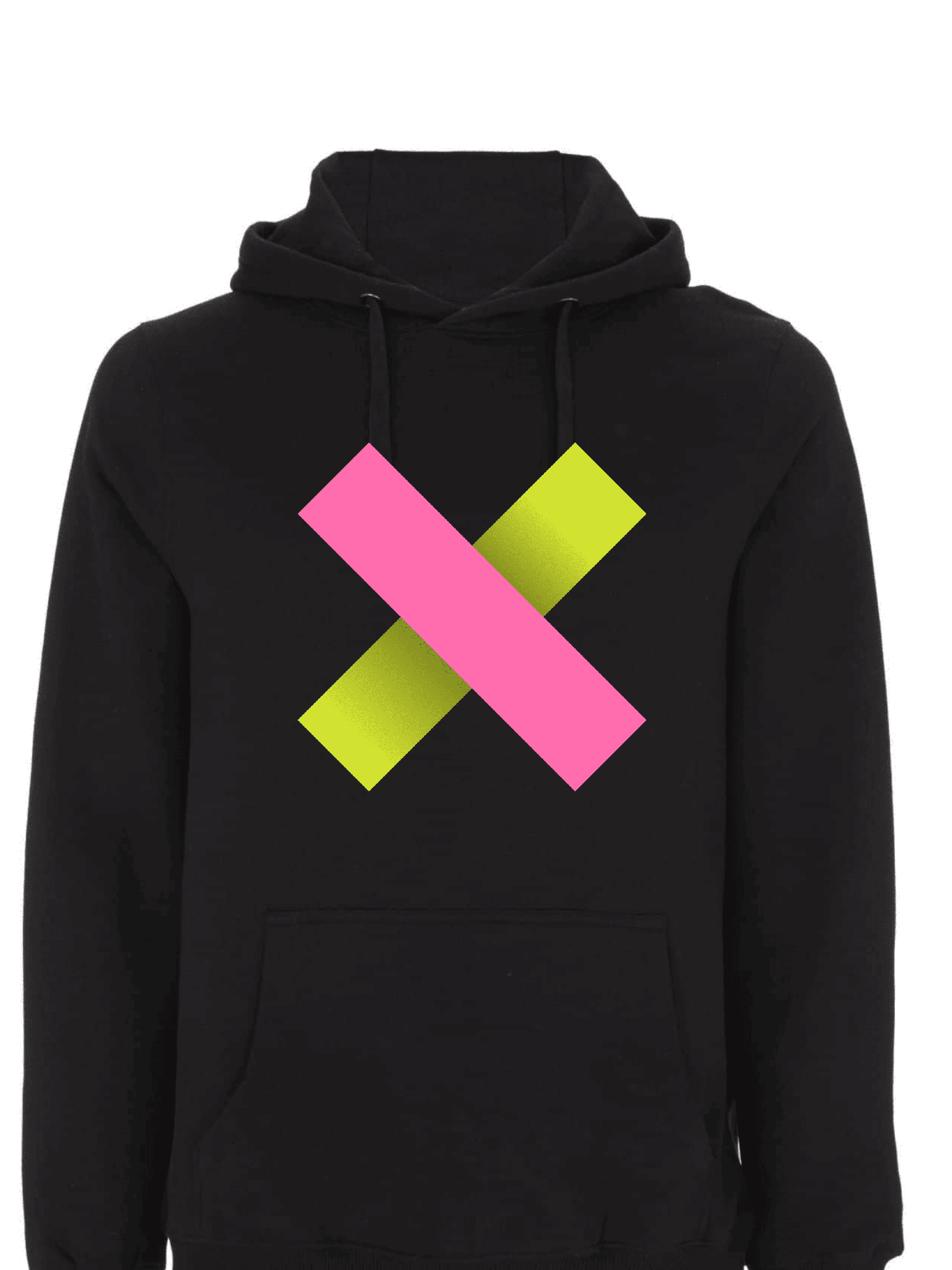 Hoodie mit buntem geometrischem Motiven in Pink und Neon-Grün. Schwarzer Hoodie mit geometrischem Design in Pink und Neon-Grün auf der Vorderseite.