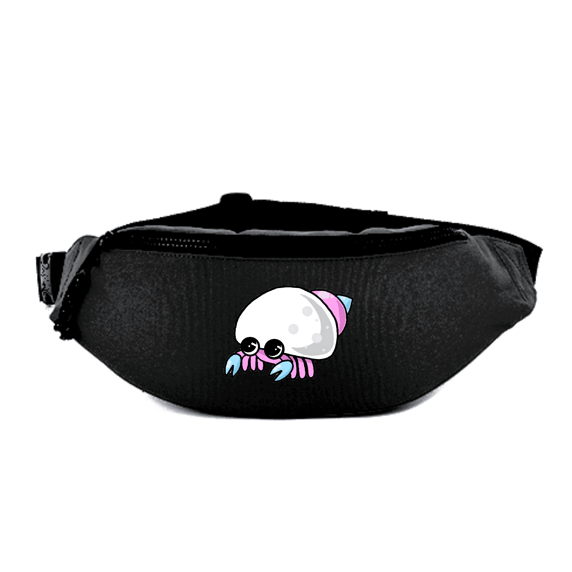 Gürteltasche mit Krebs-Motiv in Schwarz. Schwarze Gürteltasche mit einem niedlichen, cartoonhaften Krebs-Motiv.