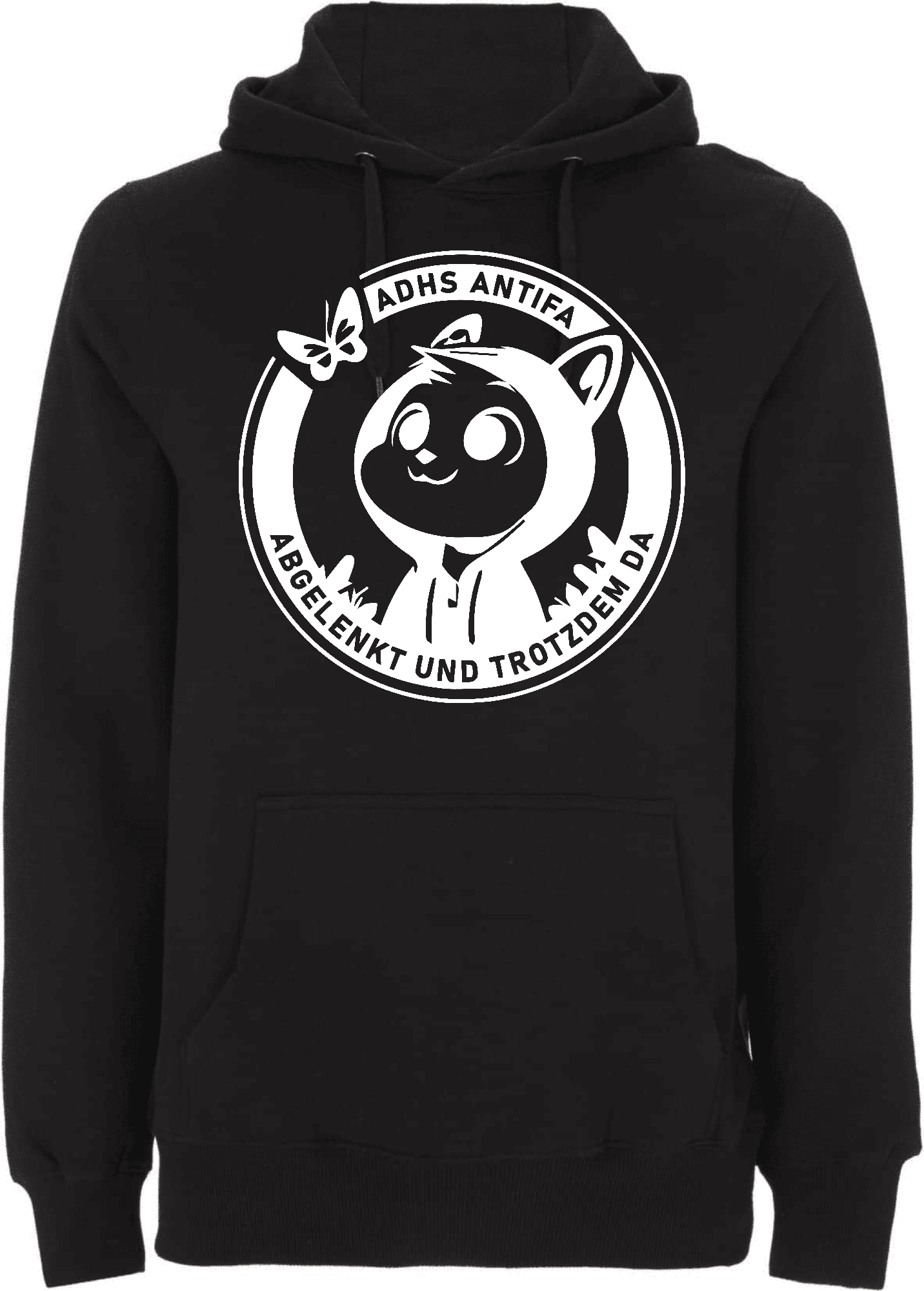 Stylischer schwarzer Hoodie mit einem lustigen Antifa-Motiv. Schwarzer Hoodie mit einem grafischen Aufdruck eines Cartoon-Charakters und dem Text "ADHS ANTIFA - ABGELEGENK UND TROTZDEM DA".
