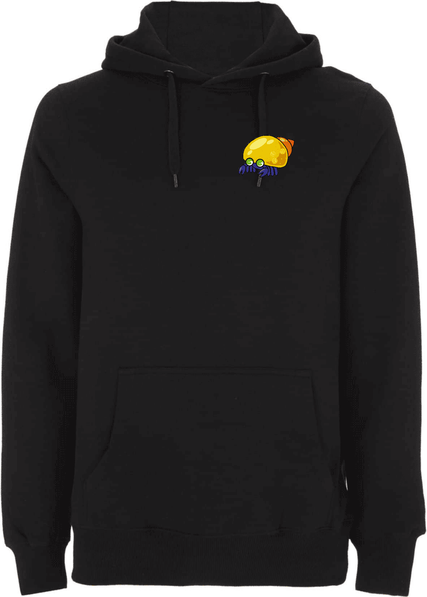 Stylischer schwarzer Hoodie mit einzigartigem Schneckenhaus-Design. Schwarzer Hoodie mit einem bunten, cartoonhaften Muster eines Schneckenhauses auf der Brust.