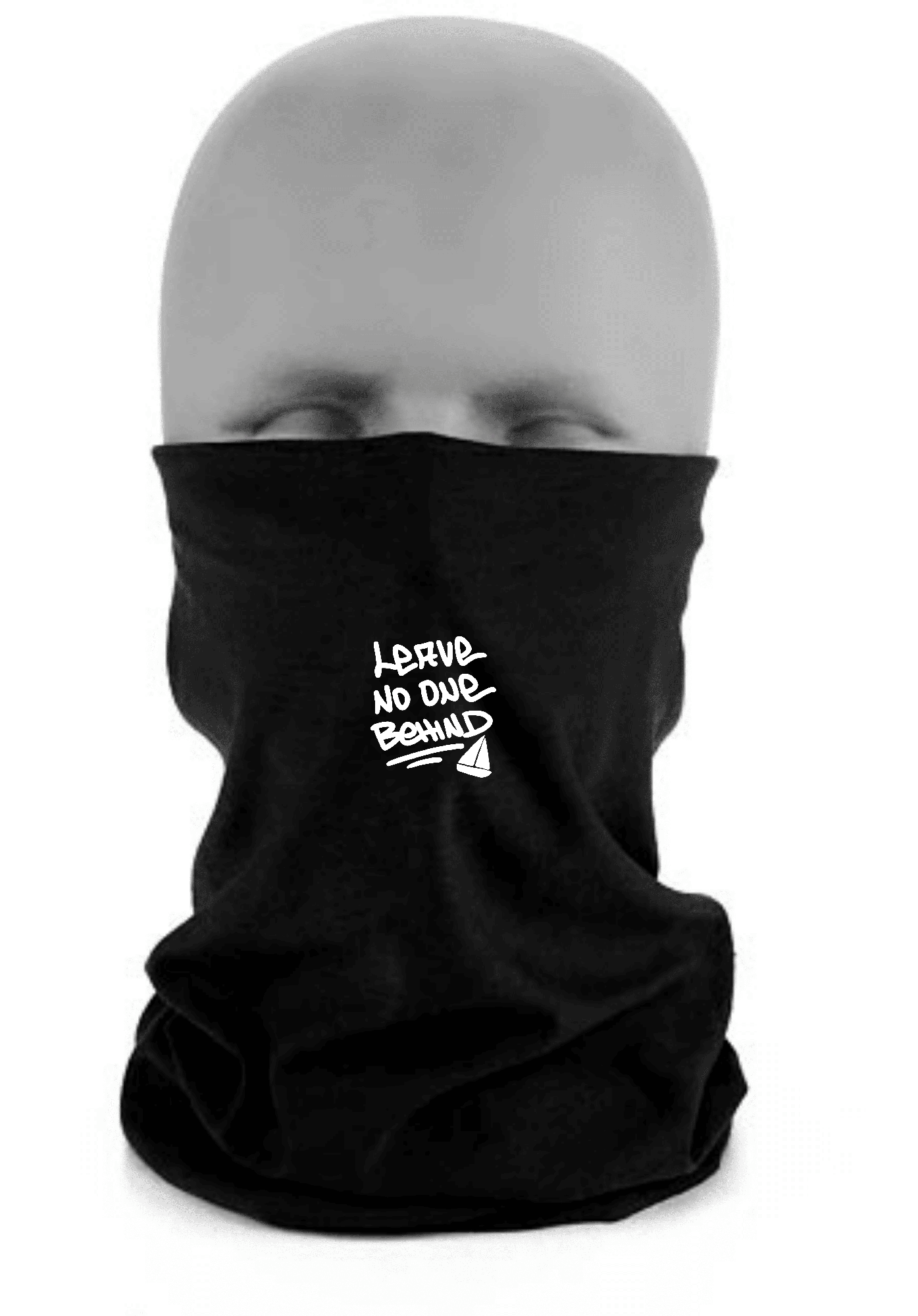 Stylischer schwarzer Halswärmer mit einem motivierenden Schriftzug. Schwarze Halswärmer aus weichem Material mit dem Aufdruck "Leave No One Behind".